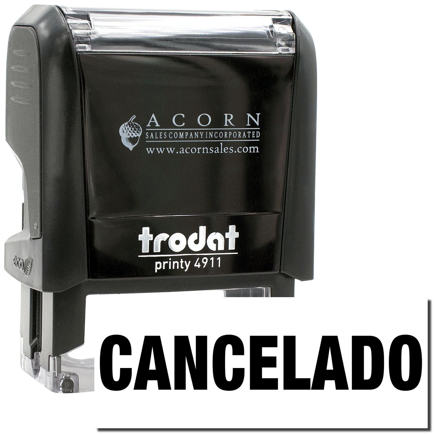 Black Trodat Printy 4911 self-inking stamp with Cancelado text and Acorn Sales branding.
