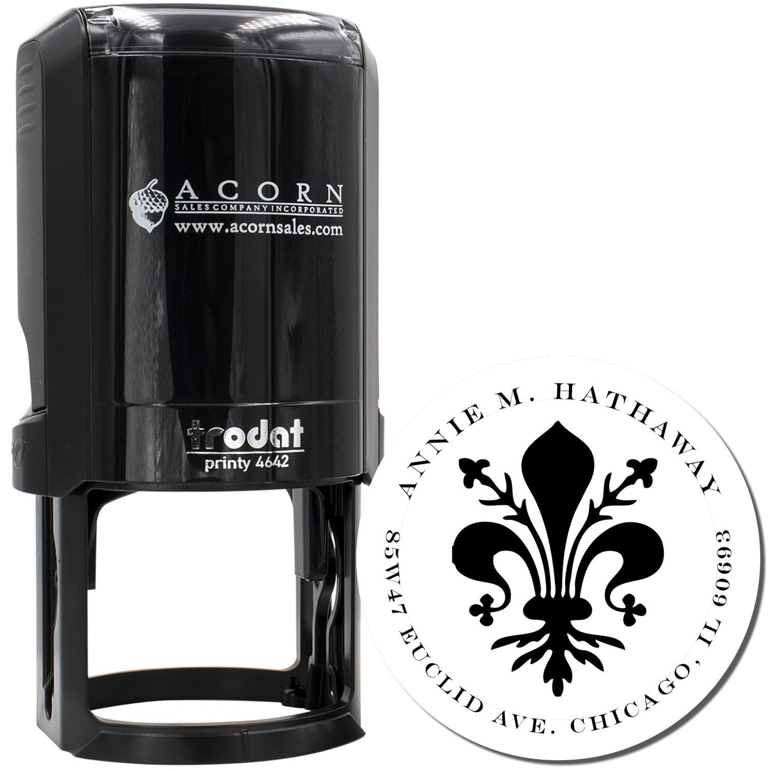 Custom self-inking rubber stamp with round fleur-de-lis return address design for business, wedding, or stationery.