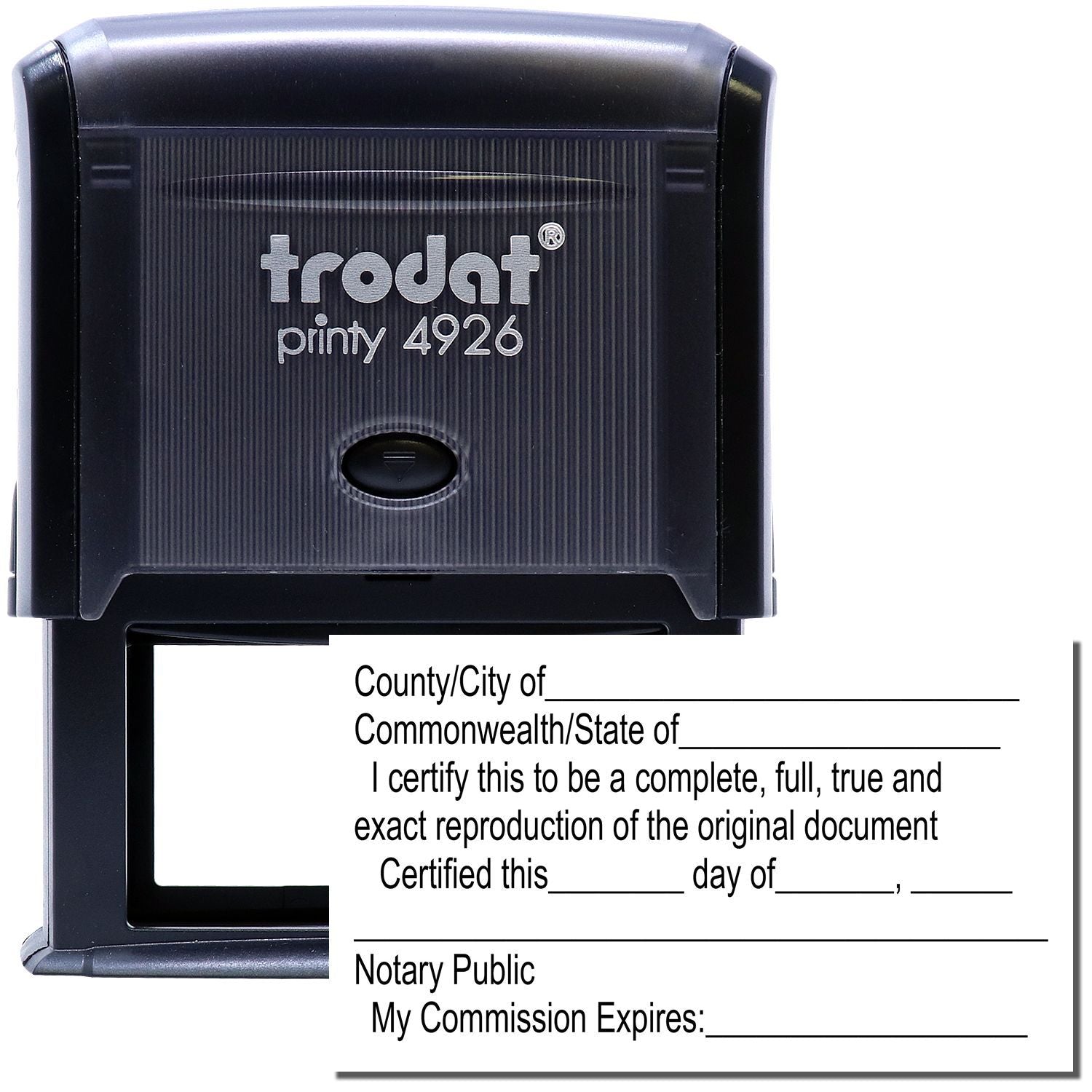 Trodat Printy 4926 notary self-inking stamp with certification wording for official document notarization.