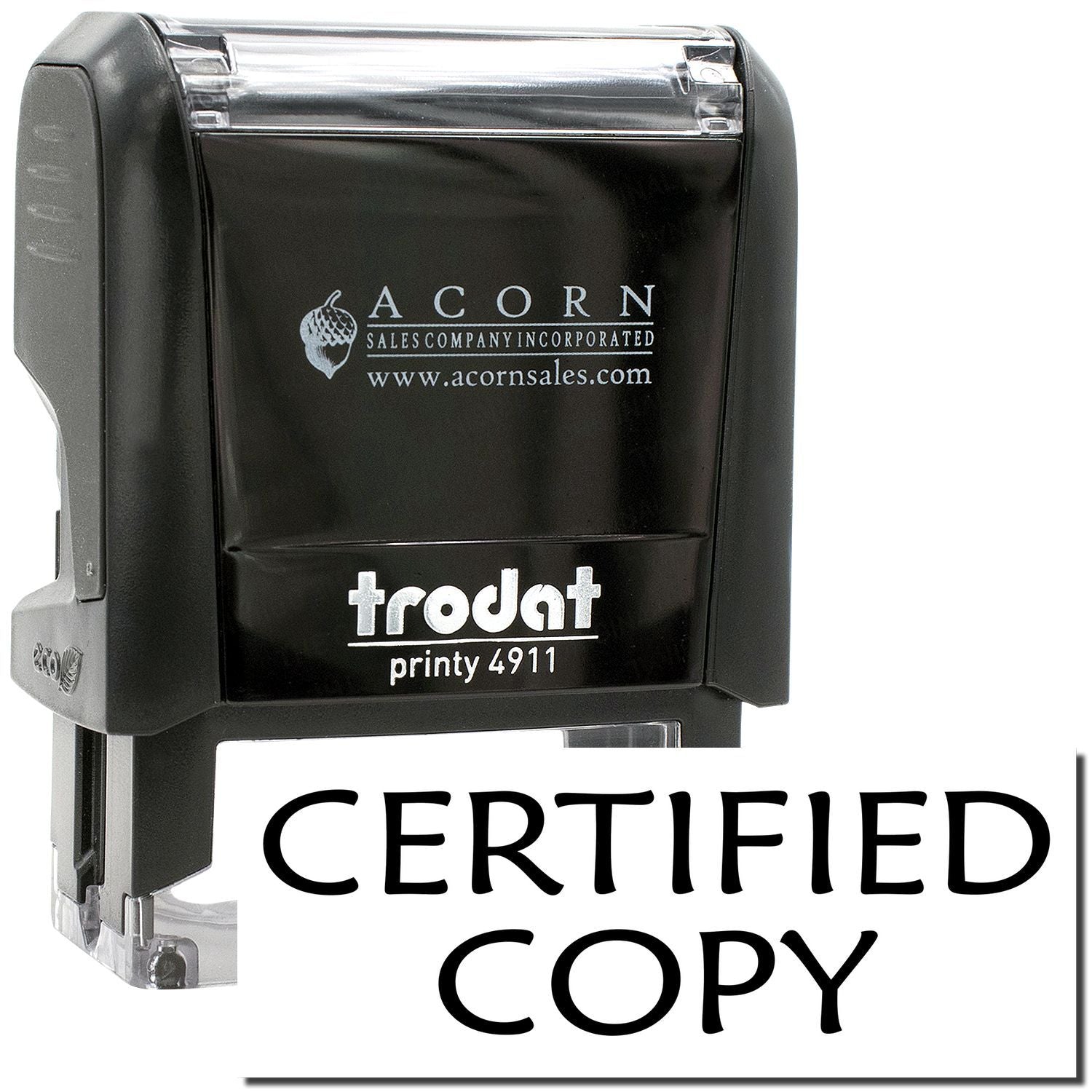 Certified Copy Trodat Printy 4911 self-inking stamp with Acorn Sales Company logo on a black casing.