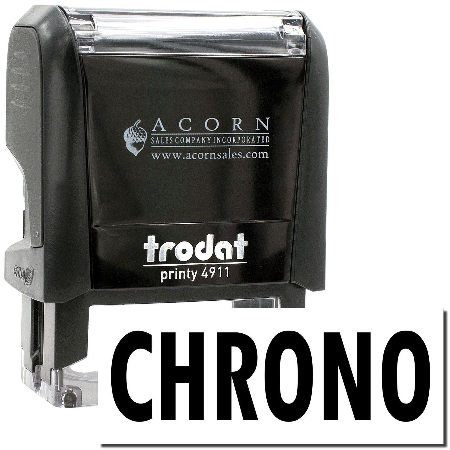 Trodat Printy 4911 self-inking stamp with Acorn Sales Company branding and Chrono label