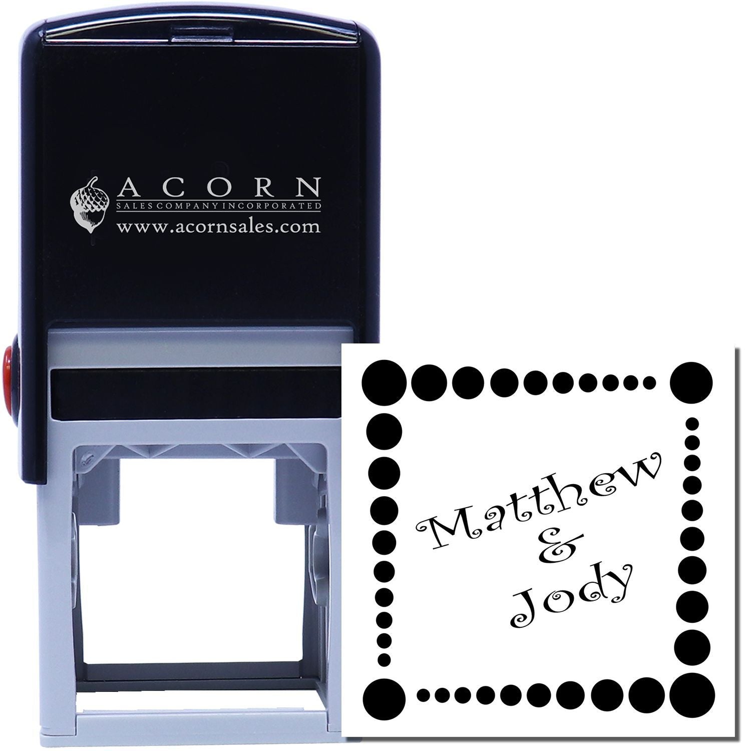 Custom self-inking rubber stamp with Matthew & Jody dotted border design for wedding invitations and favors