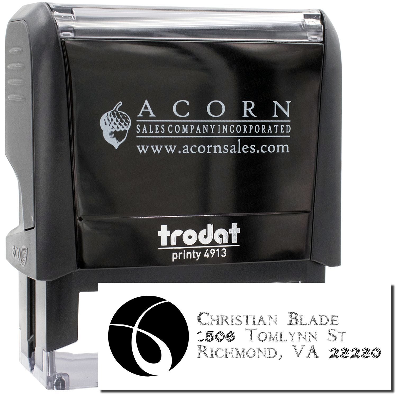 Custom self-inking rubber stamp with logo and address imprint, Trodat Printy 4913, ideal for business branding and mailing