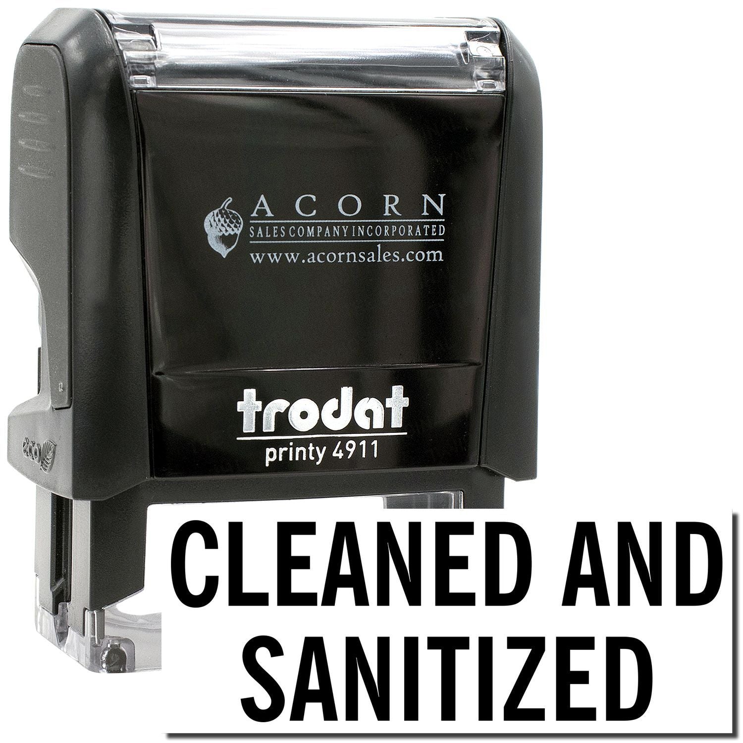 Black Acorn Trodat printy 4911 self-inking stamp with Cleaned and Sanitized label on white background