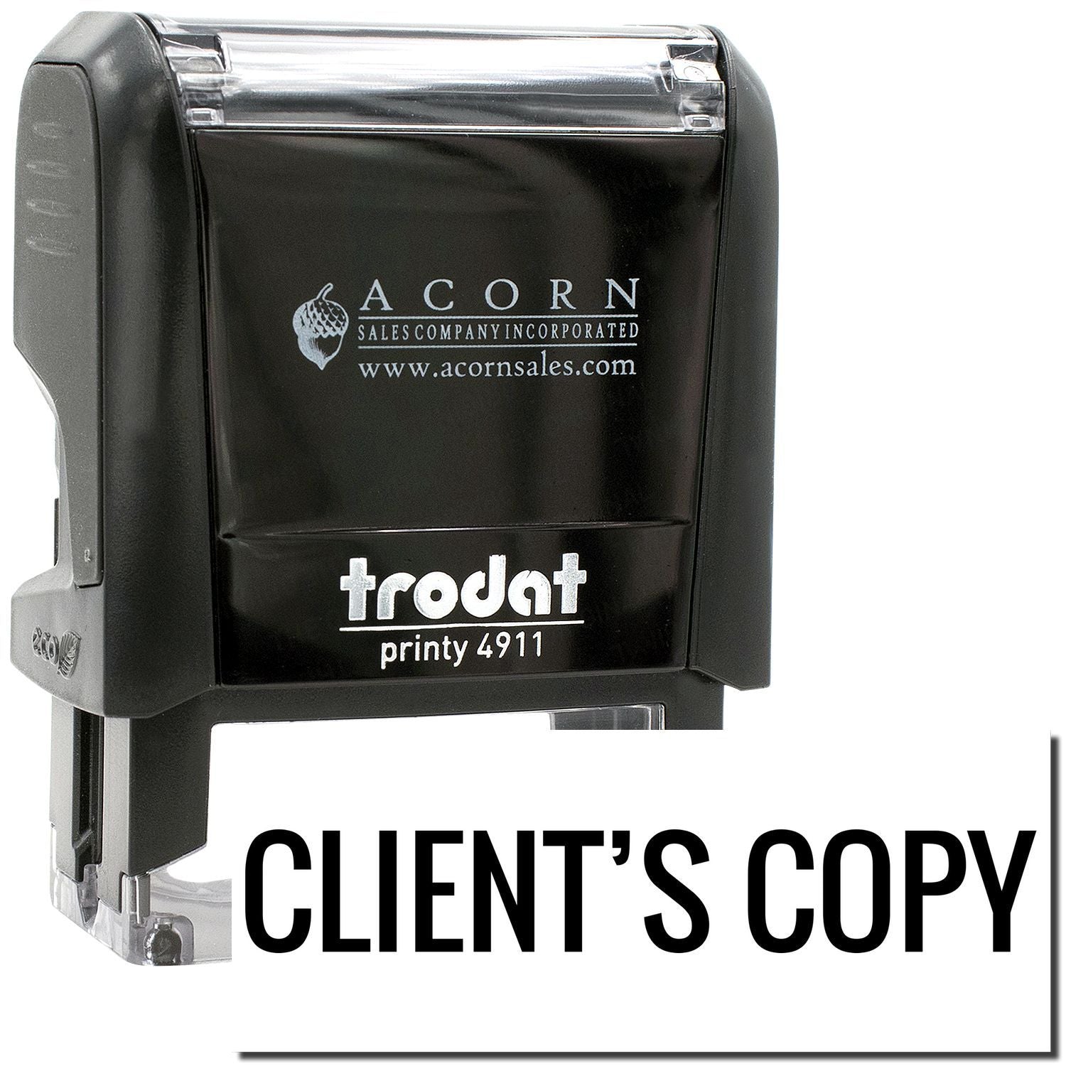 Trodat Printy 4911 self-inking stamp with Clients Copy custom text and Acorn Sales branding