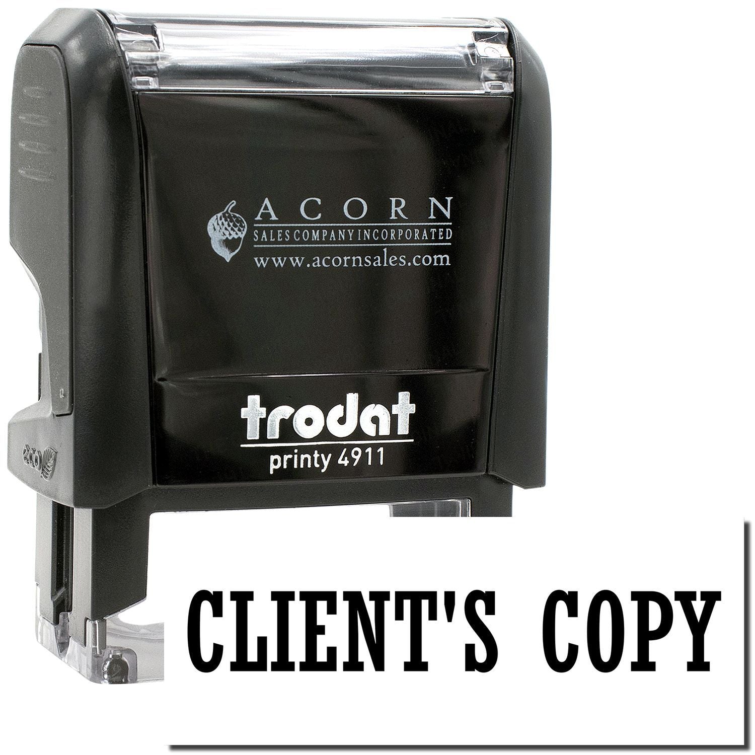 Black Trodat Printy 4911 self-inking Clients Copy stamp by Acorn Sales Company Incorporated.
