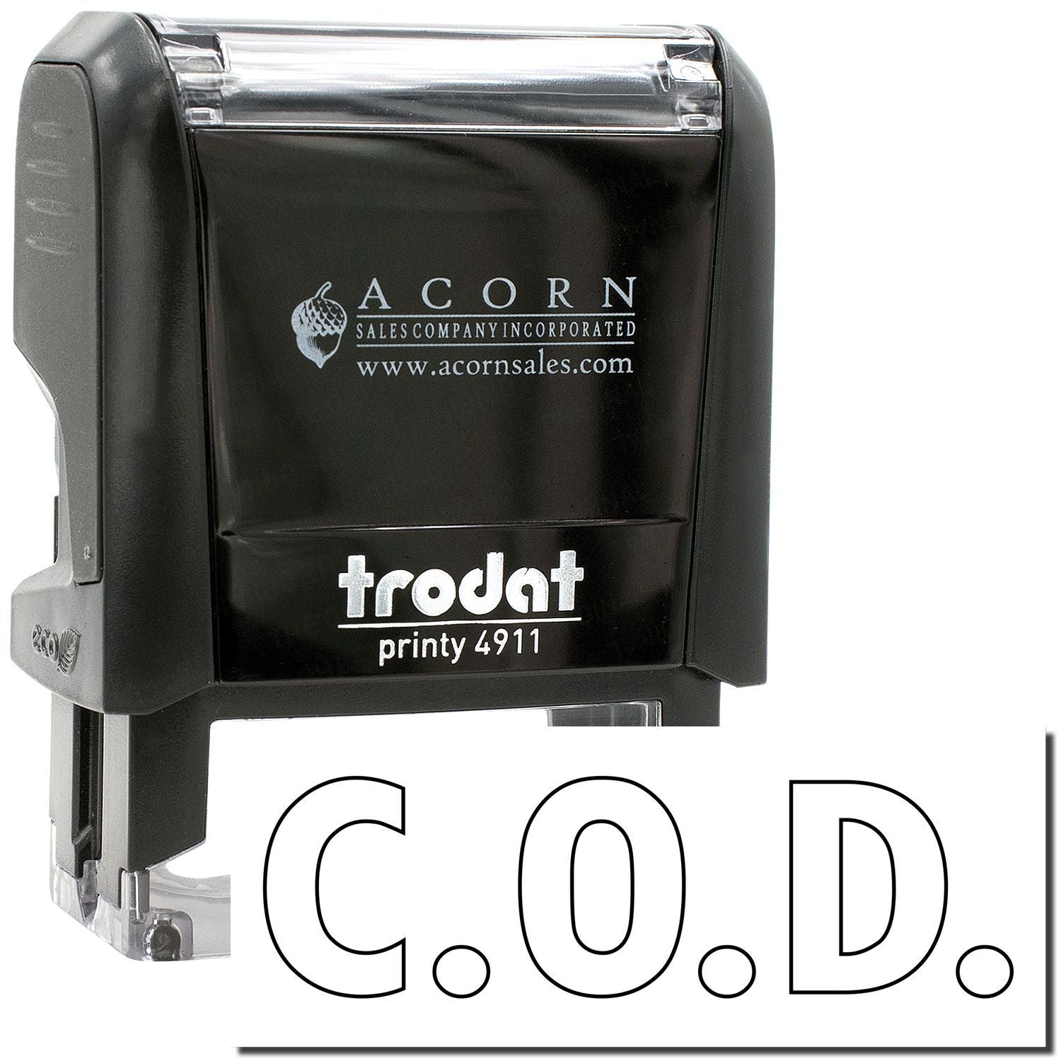 Trodat Printy 4911 self-inking C.O.D. stamp with Acorn Sales logo, black office rubber stamp for business use
