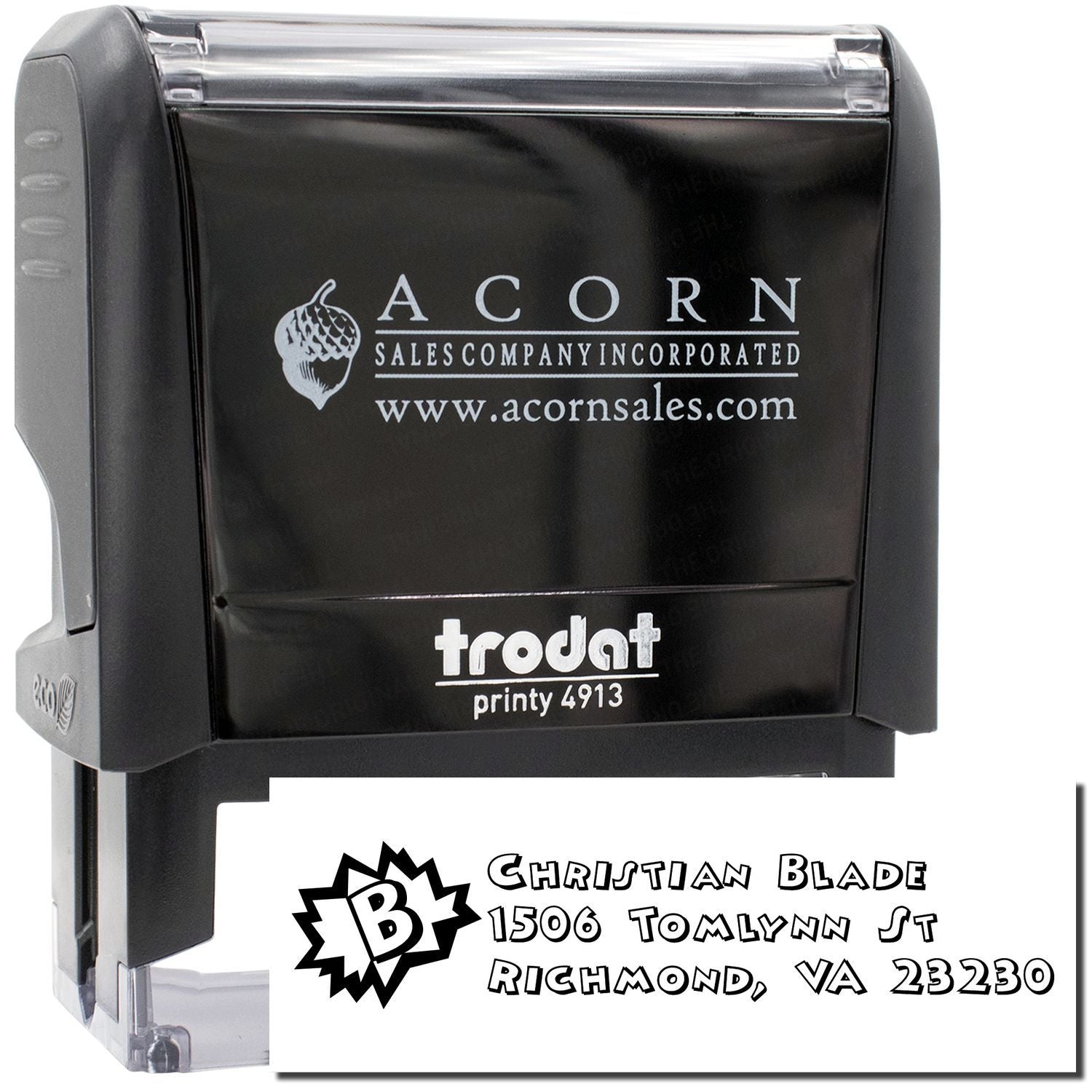 Custom self-inking rubber stamp with business logo and address for professional mailing and branding.