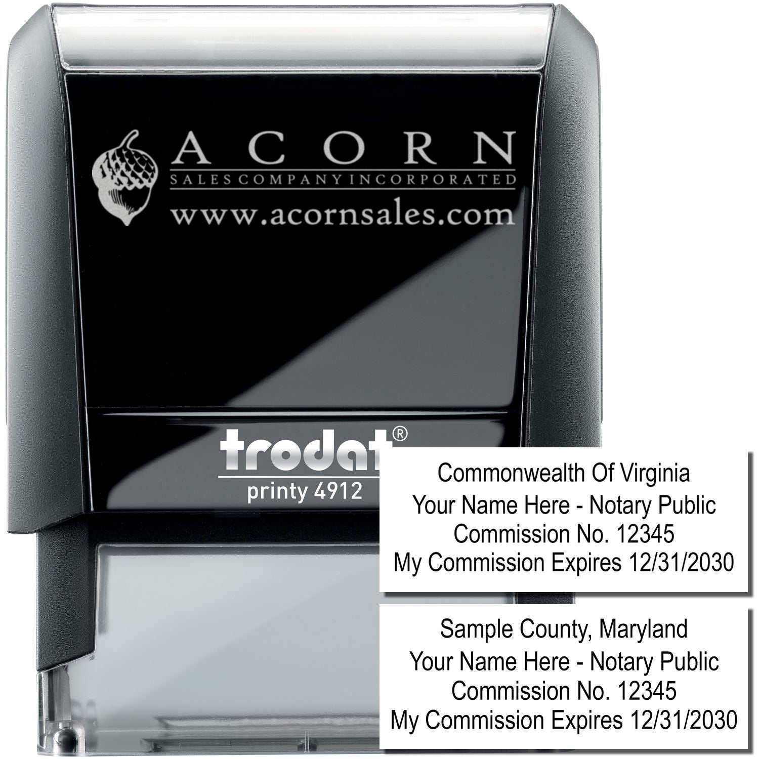 Custom self-inking notary stamp with Virginia and Maryland commission text, Trodat Printy 4912 by Acorn Sales.