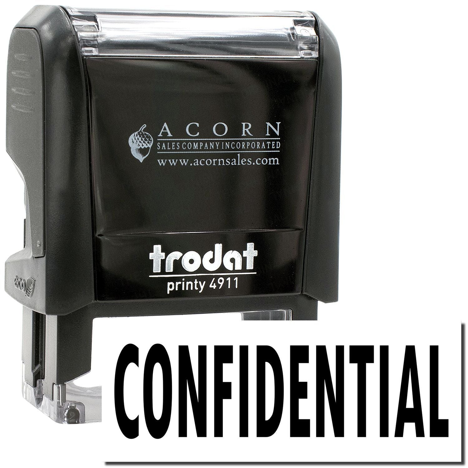 Black Trodat Printy 4911 confidential self-inking stamp with Acorn Sales branding