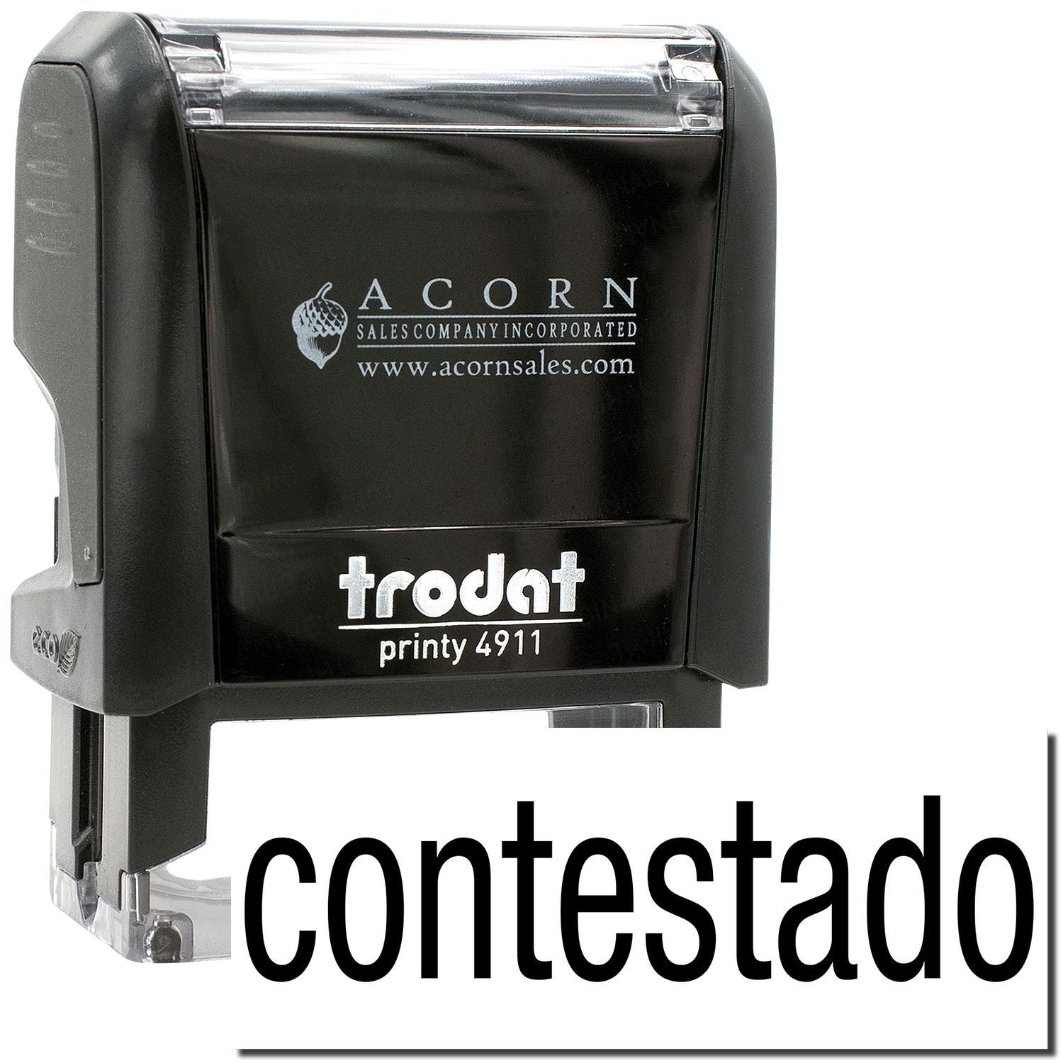 Trodat Printy 4911 self-inking stamp by Acorn Sales Company, black contestado stamp image