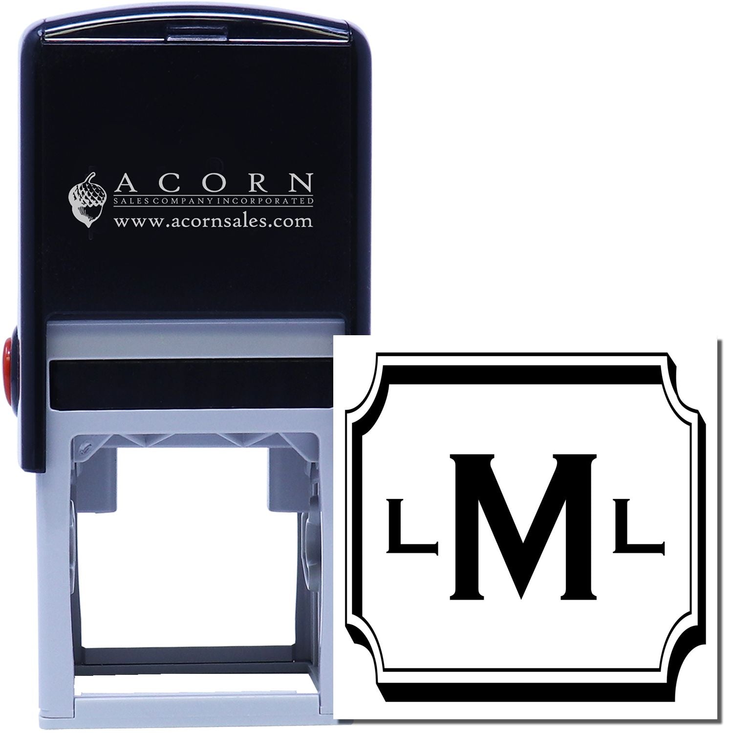 Custom self-inking monogram rubber stamp with decorative LML design for personalized business branding