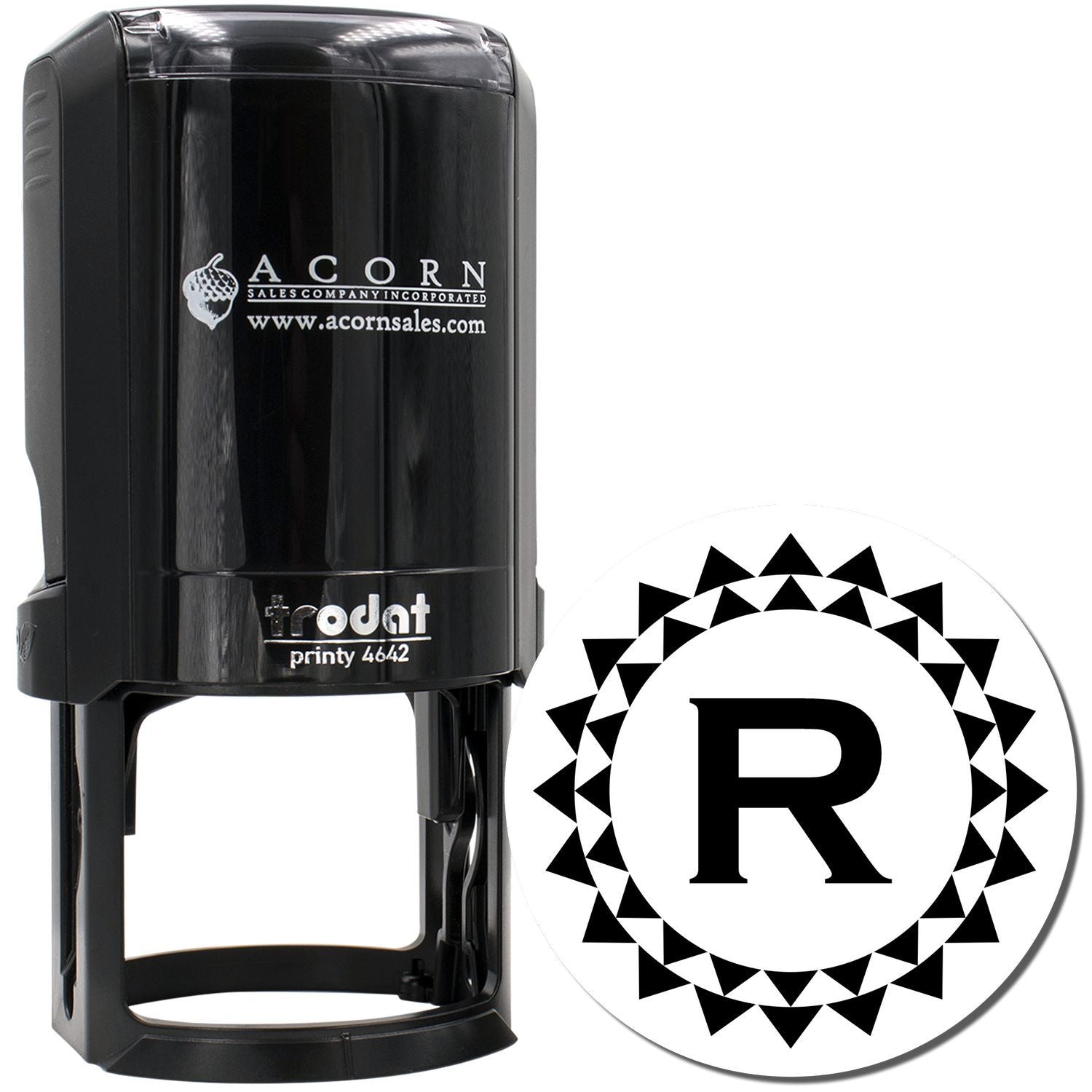 Custom self-inking rubber stamp with decorative monogram R design for business branding and office use