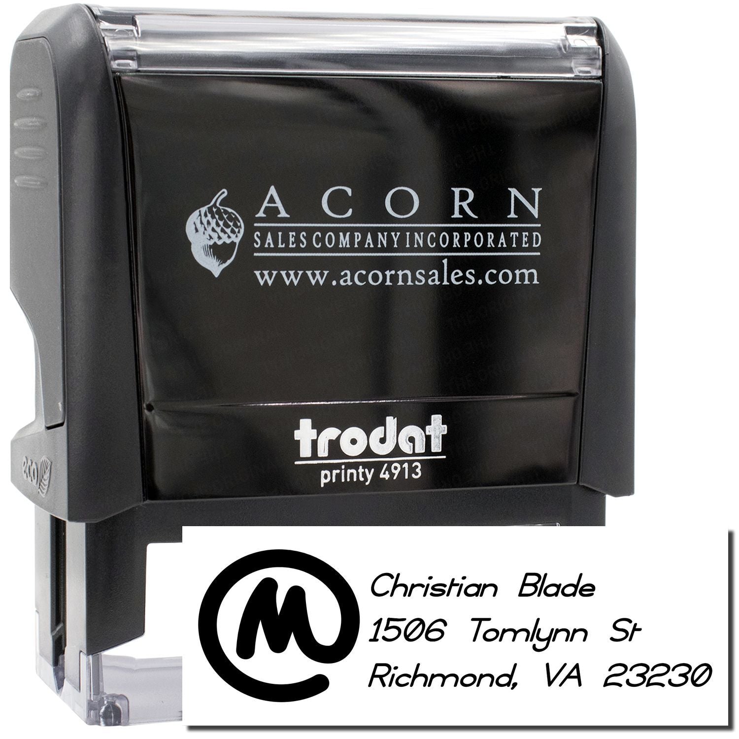 Custom self-inking rubber stamp with return address imprint, Trodat Printy 4913, for business mailing and branding.
