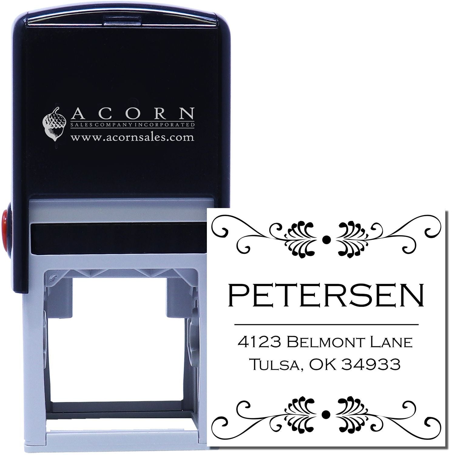 Custom self-inking address rubber stamp with decorative return address imprint for personal mail, weddings, and invitations.