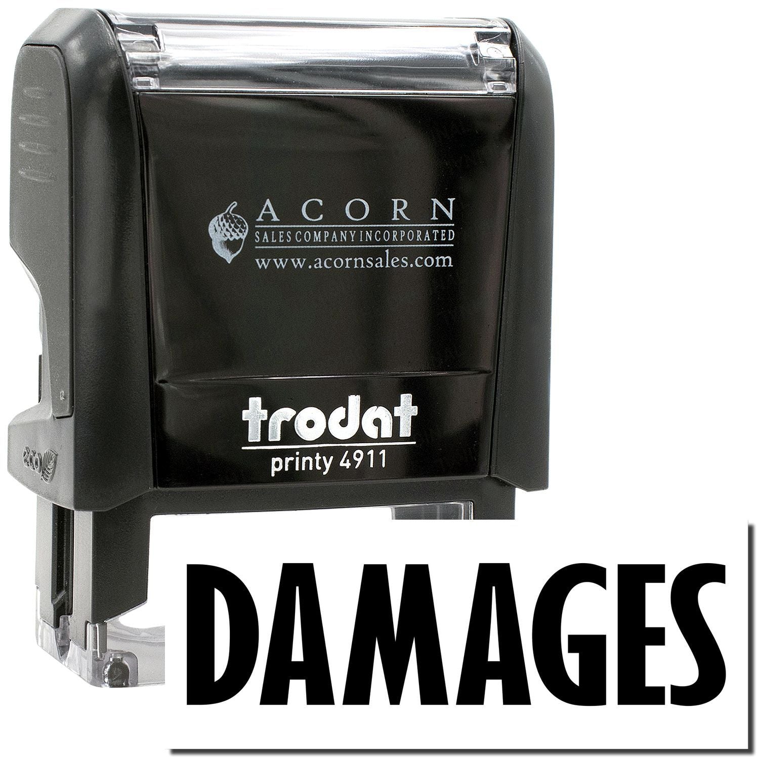 Trodat Printy 4911 DAMAGES self-inking rubber stamp by Acorn Sales, black office stamp on white background