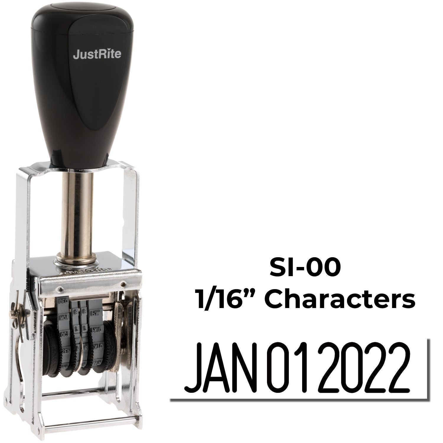JustRite SI-00 1/16-inch character date stamp with JAN012022 impression and adjustable metal numbering wheel stamp tool.