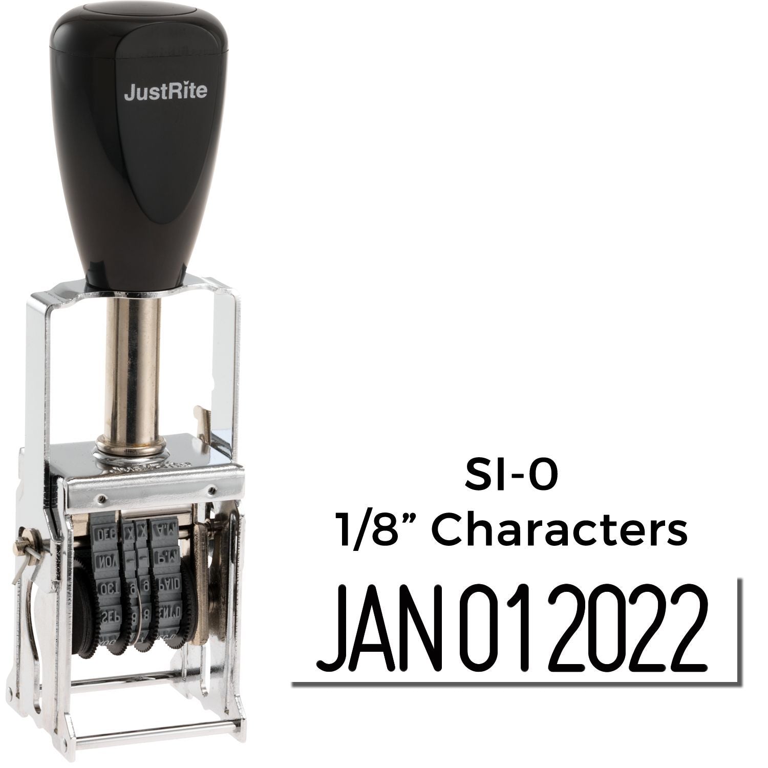 JustRite SI-O self-inking date stamp with 1/8-inch characters, showing JAN 012022 on white background
