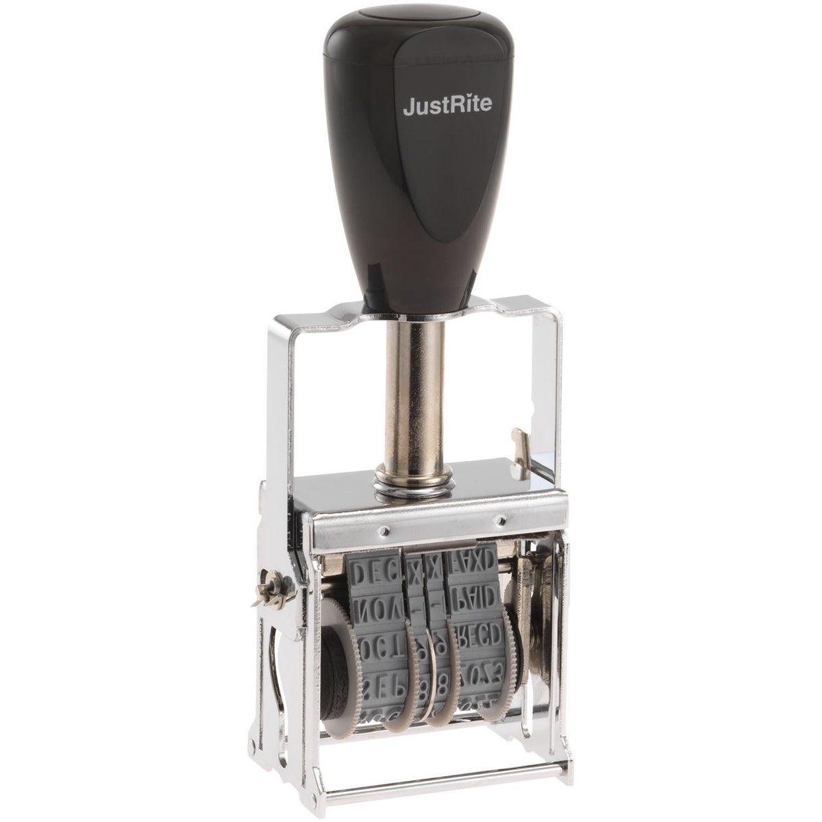 JustRite self-inking date stamp with adjustable month, day, and year wheels on a metal frame