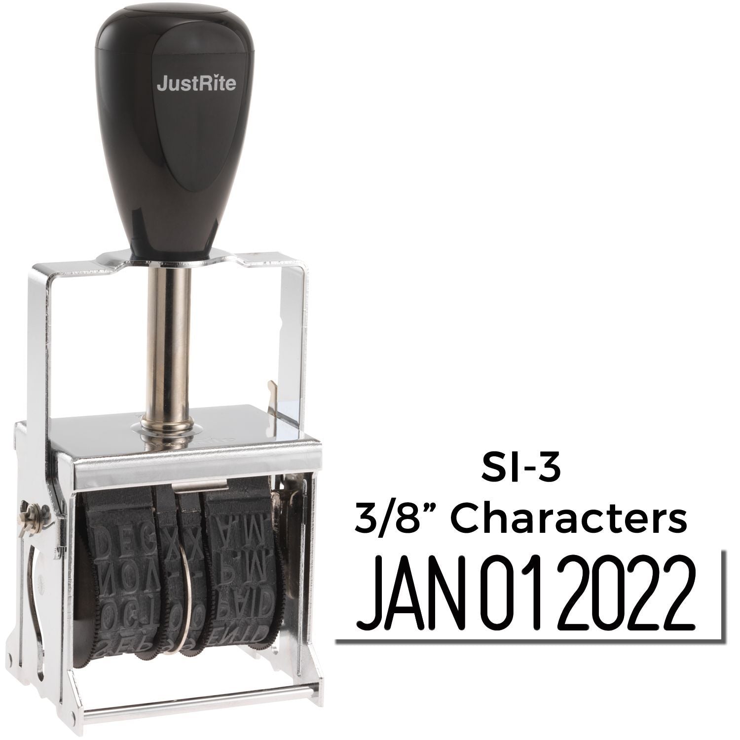 JustRite SI-3 self-inking date stamp with 3/8-inch characters, showing JAN 01 2022.