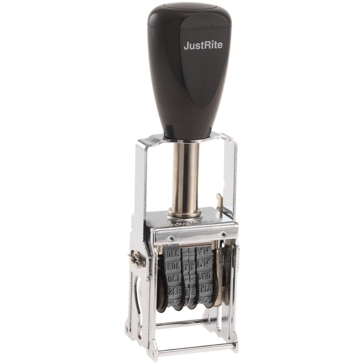JustRite self-inking date stamp with rotating number bands and black handle on a metal frame.
