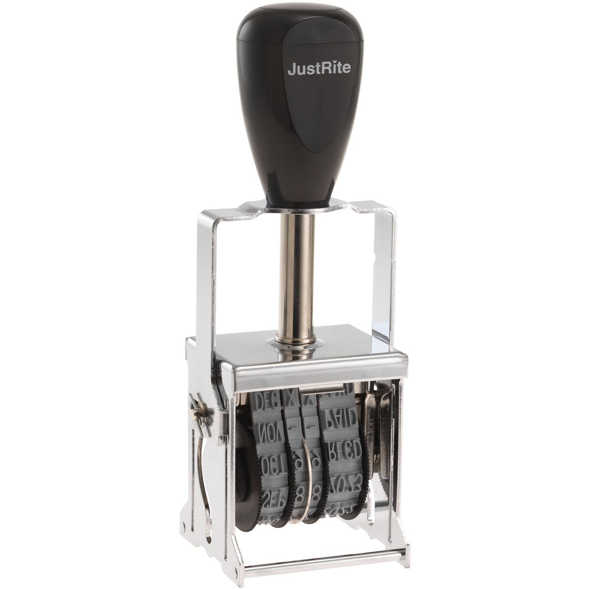 JustRite self-inking date stamp with adjustable numbering wheels and black handle on a metal frame