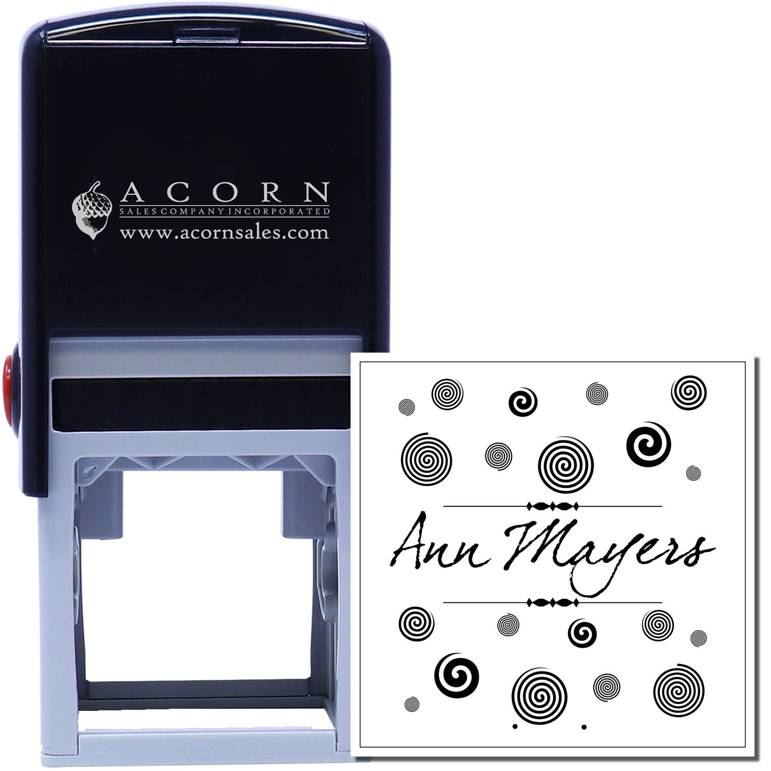 Custom self-inking rubber stamp with decorative swirl design and Ann Mayers name imprint for personalized business branding.