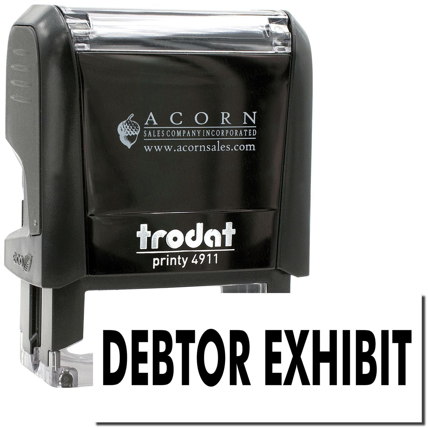 Trodat Printy 4911 Debtor Exhibit self-inking stamp by Acorn Sales Company, black office rubber stamp tool
