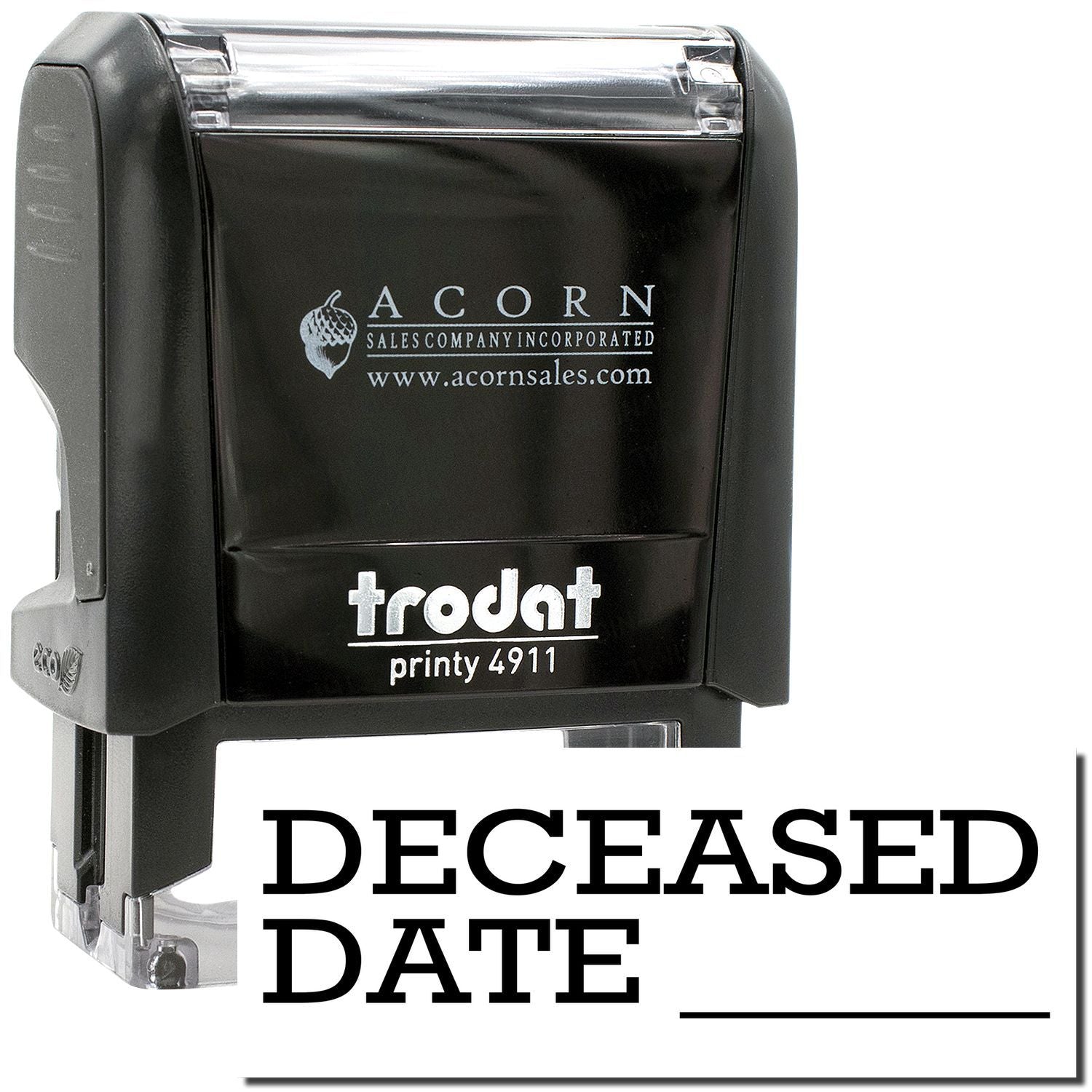 Trodat Printy 4911 deceased date self-inking stamp on white background
