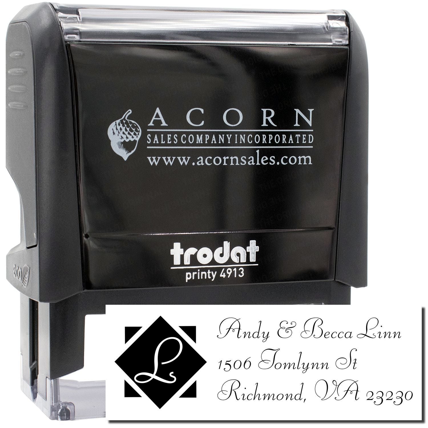 Custom self-inking rubber address stamp, Trodat Printy 4913, featuring a monogram return address design for mailing.