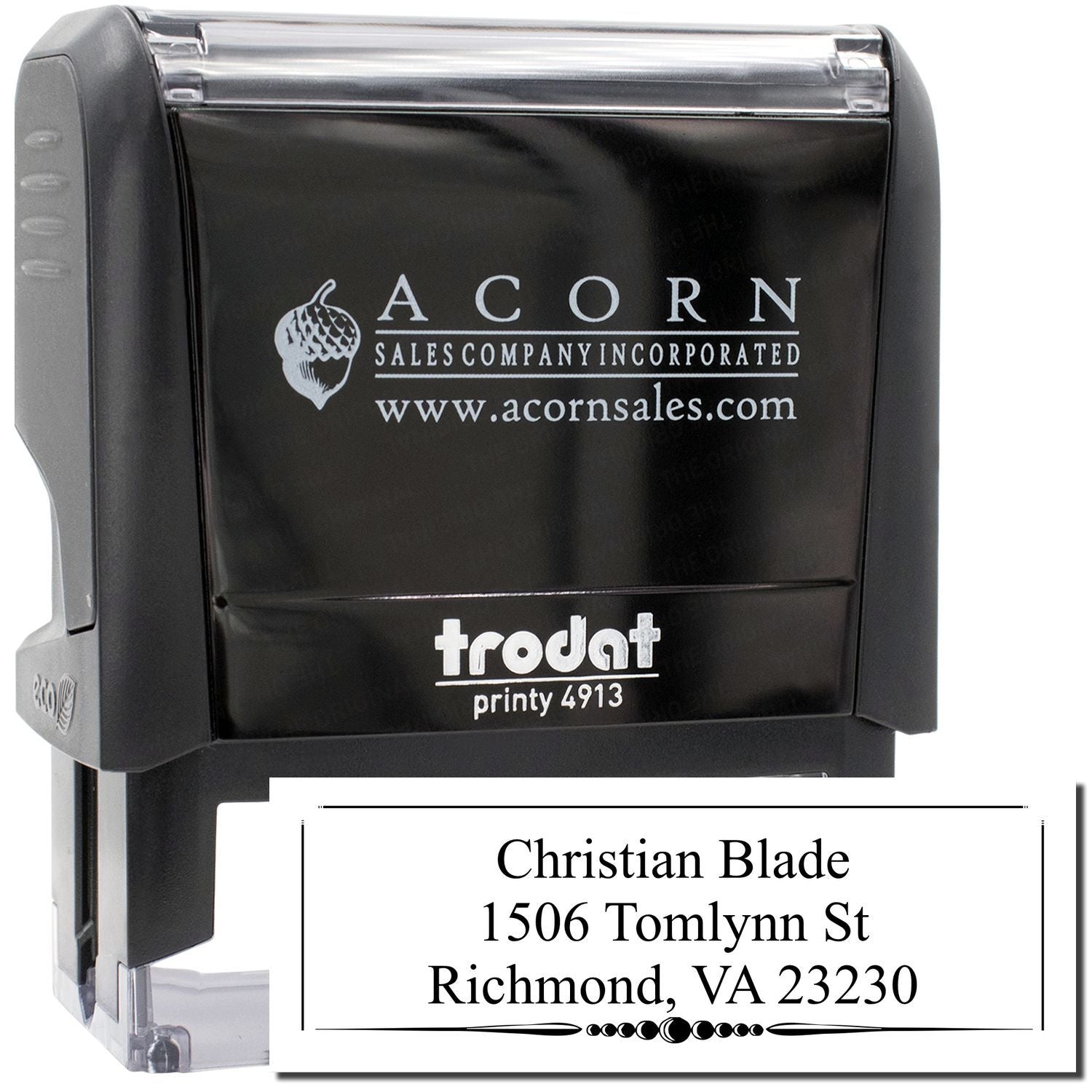 Custom self-inking address rubber stamp, Trodat Printy 4913, with business name and return address for office mailing.