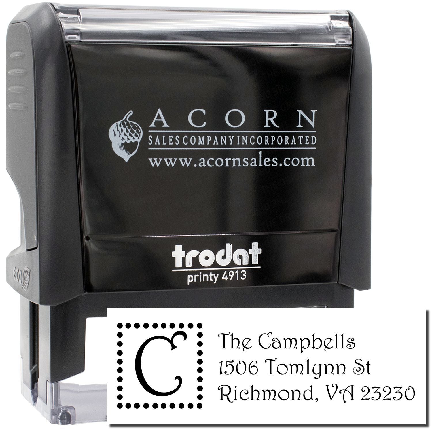Custom self-inking rubber address stamp, Trodat Printy 4913, with monogram and return address imprint.