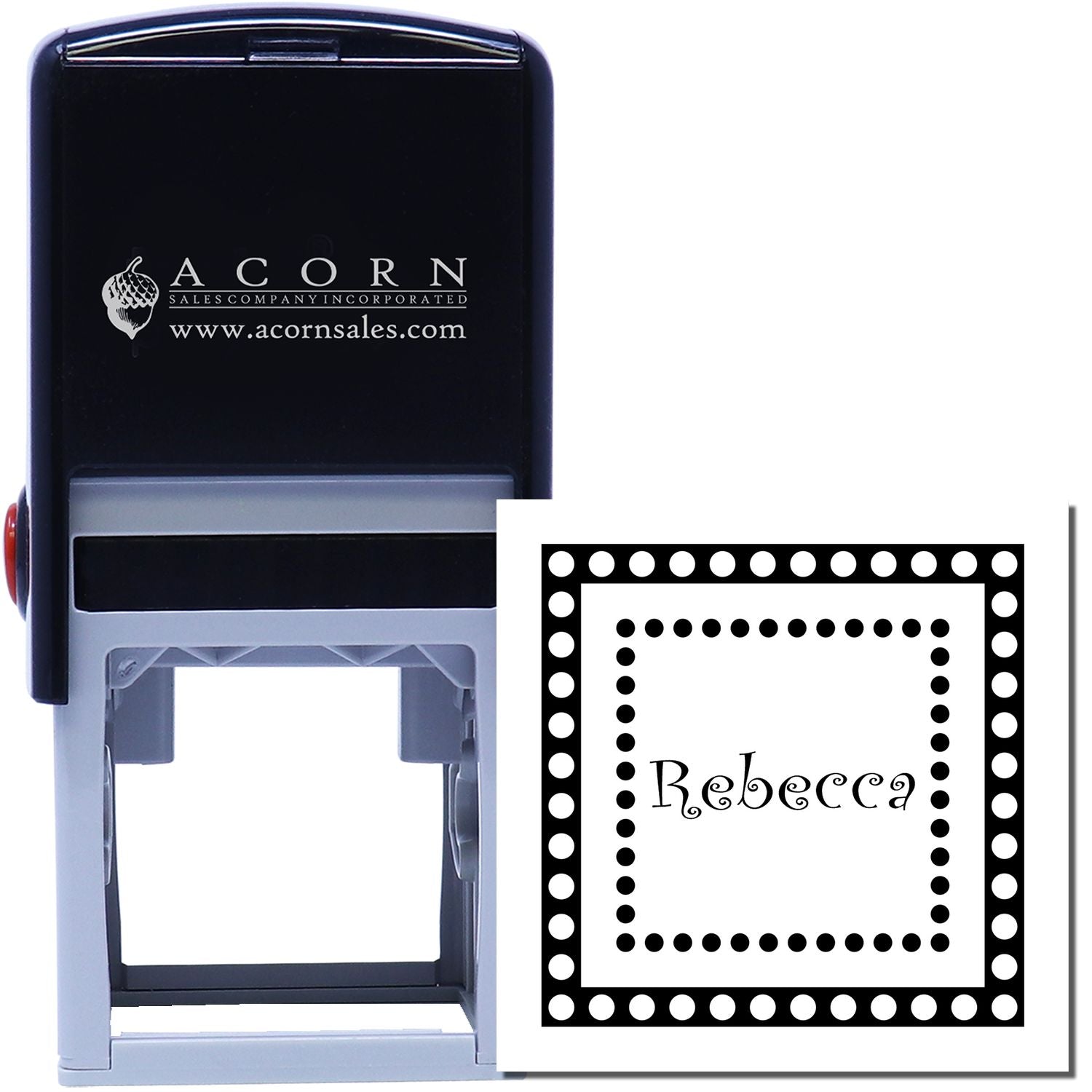 Custom self-inking rubber stamp with Rebecca name and dotted border, ideal for personalized business stamping.