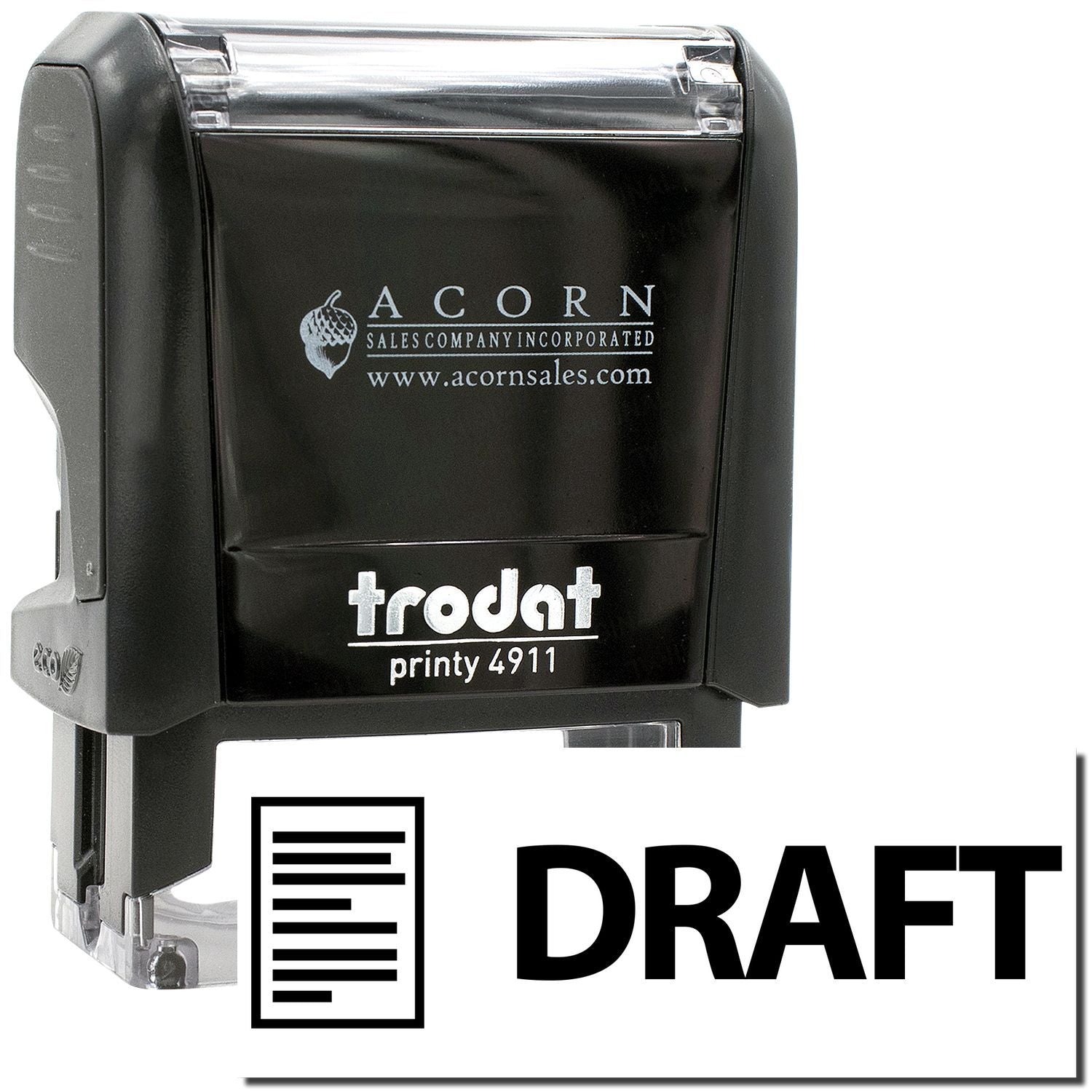 Black Trodat Printy 4911 self-inking draft stamp with Acorn Sales Company branding