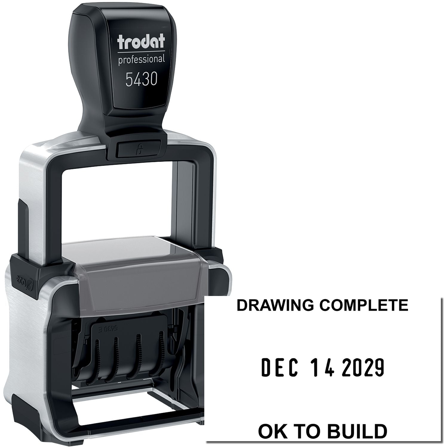 Trodat Professional 5430 self-inking date stamp with Drawing Complete, Dec. 14, 2029, and OK to Build imprint.
