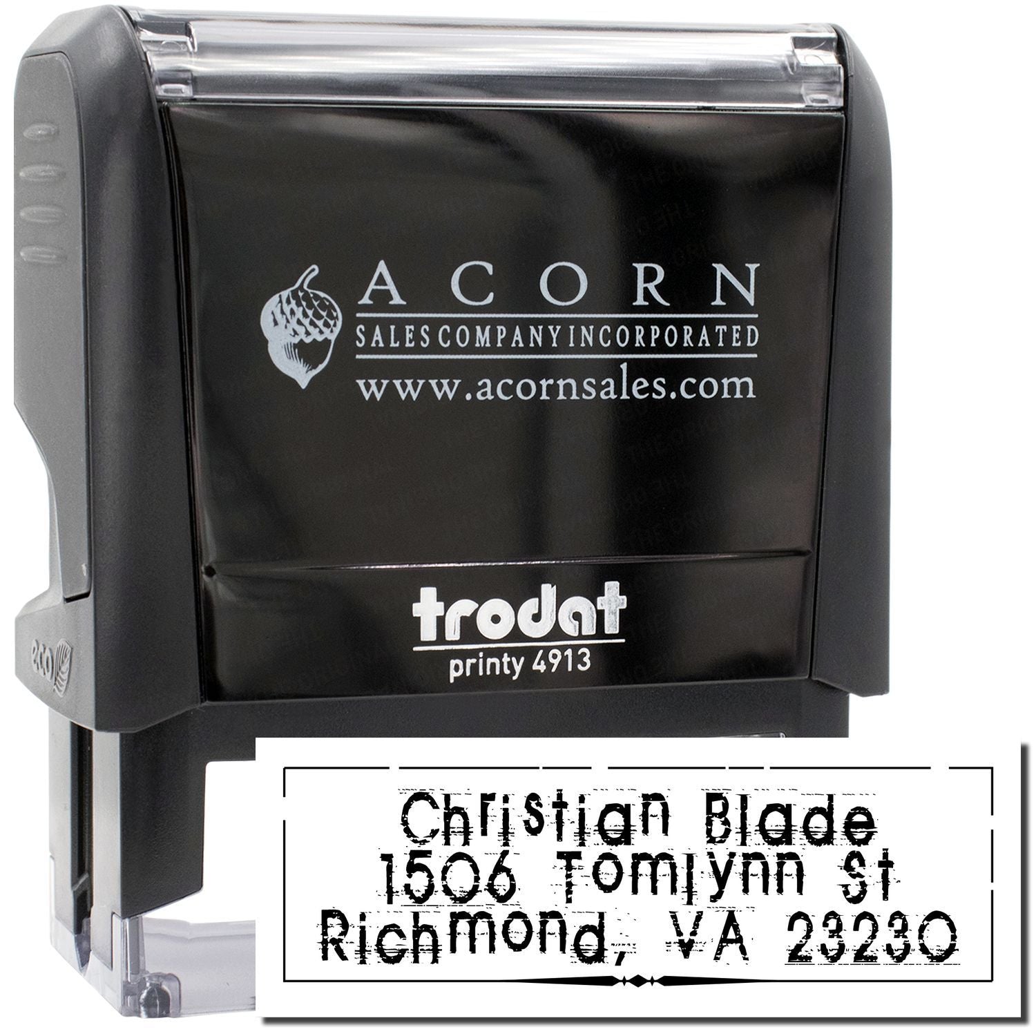 Trodat Printy 4913 self-inking custom address rubber stamp with sample business return address imprint