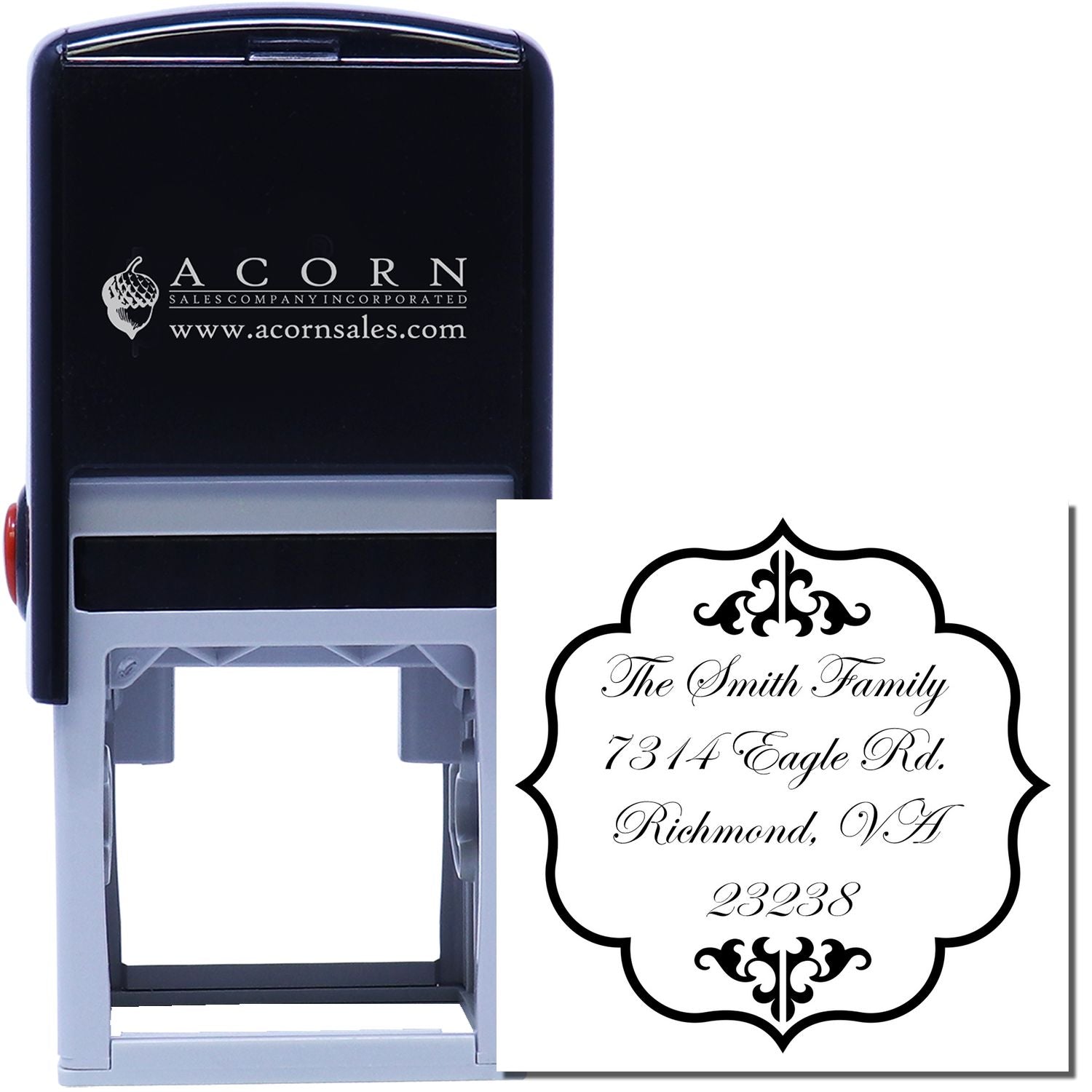 Custom self-inking address rubber stamp with decorative family name and return address imprint for mailing.