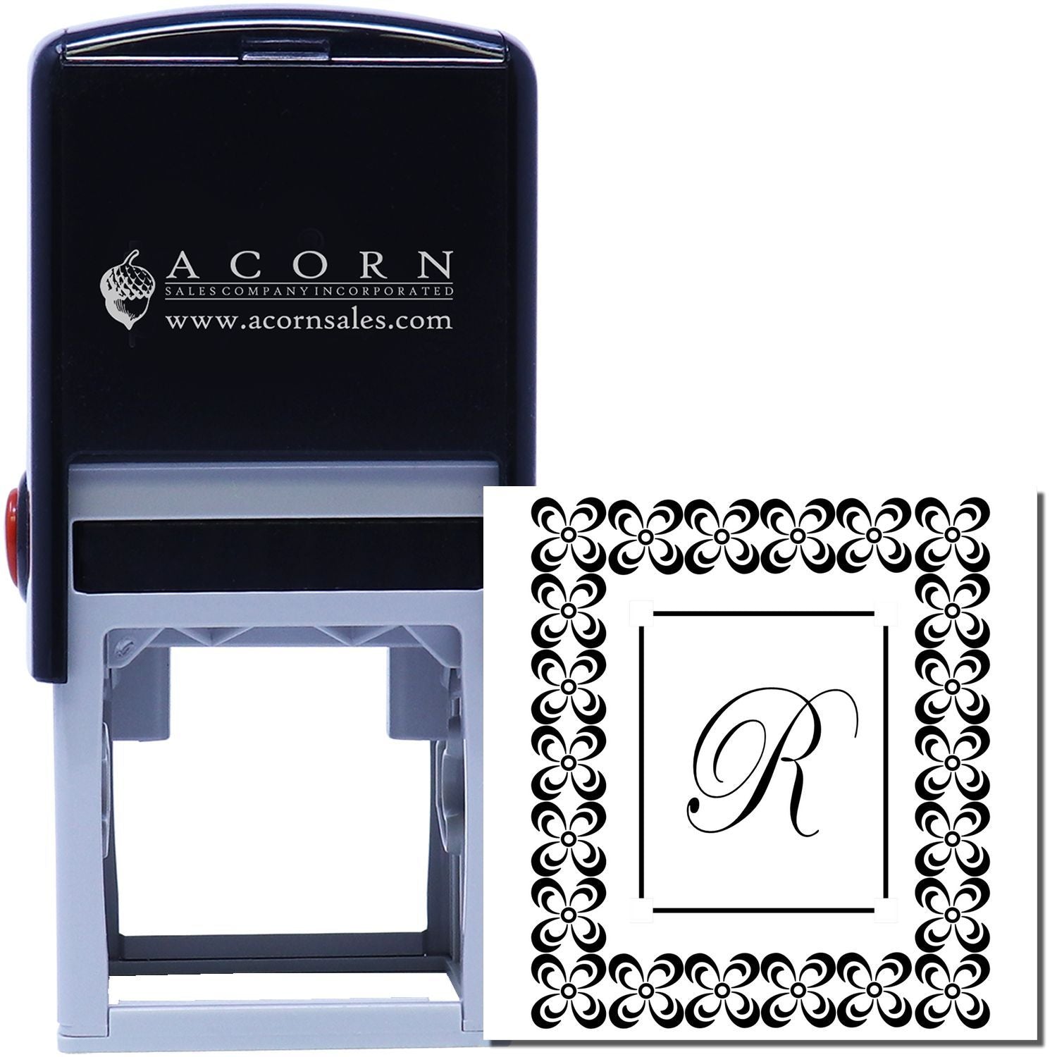 Custom self-inking monogram rubber stamp with floral border, personalized wedding initial R for stationery and envelopes