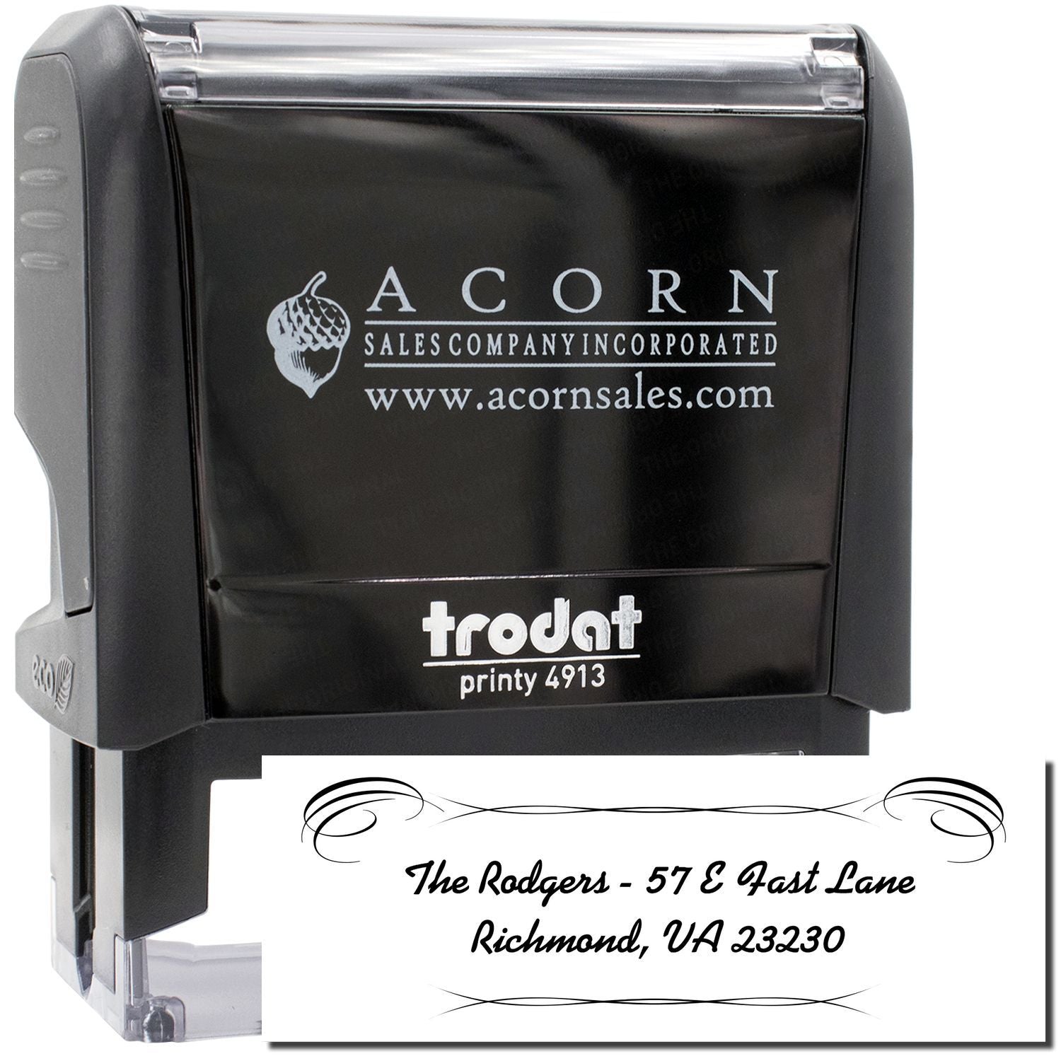 Custom self-inking rubber address stamp with Trodat Printy 4913, featuring a sample return address imprint.