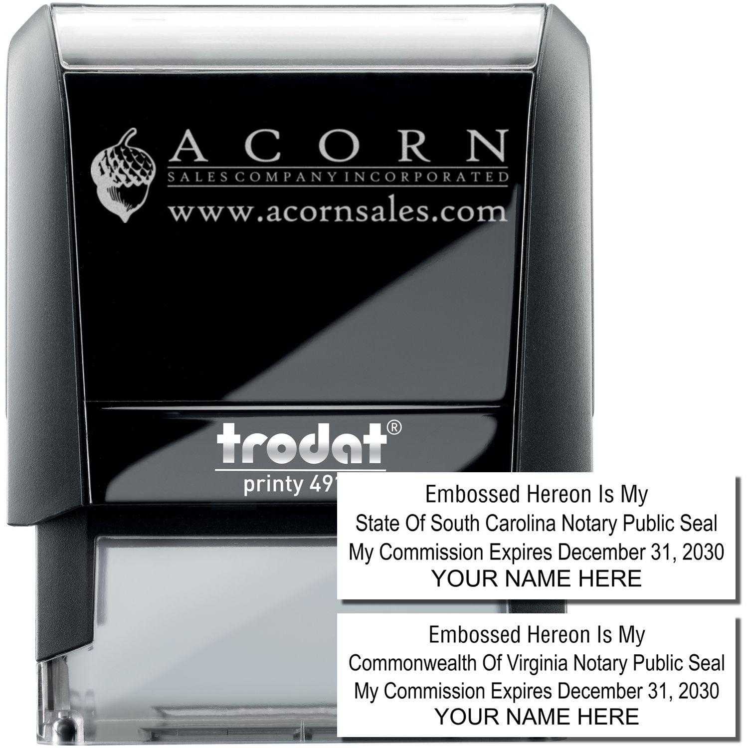 Custom notary public seal embosser with South Carolina and Virginia commission sample text, black self-inking stamp by Trodat Acorn Sales Company.