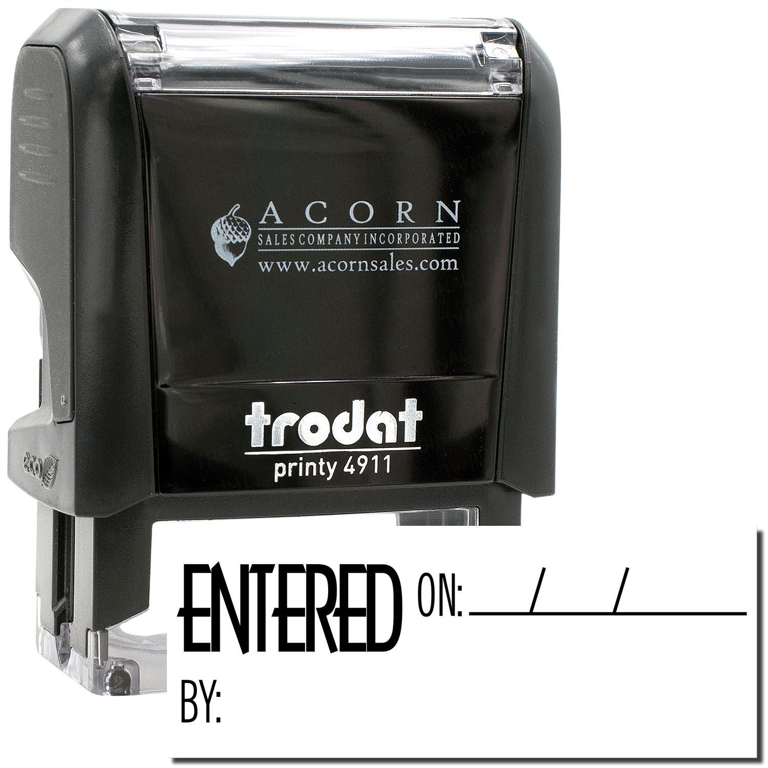 Trodat Printy 4911 self-inking entered stamp with Entered On and By date fields, black office stamp for document tracking