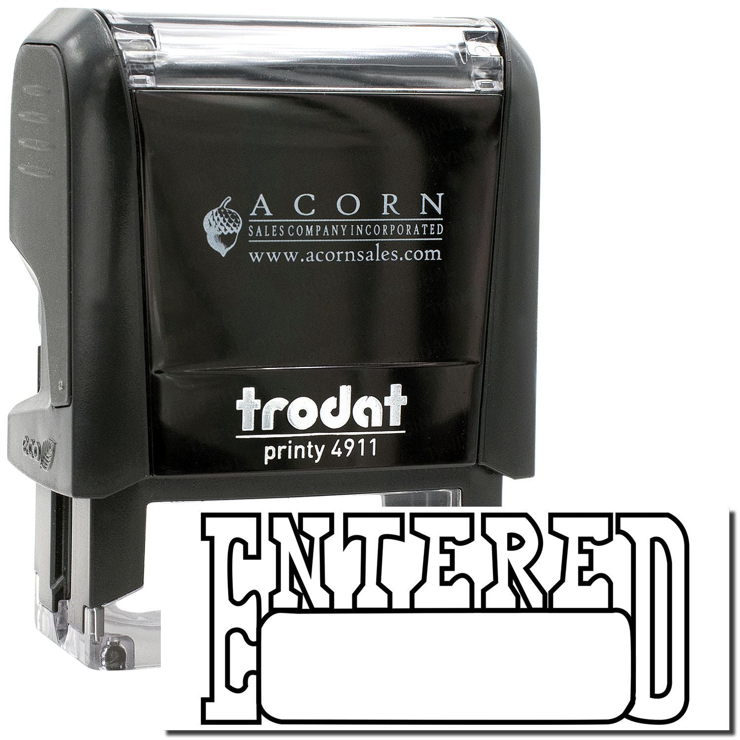 Black Trodat Printy 4911 self-inking stamp with ENTERED imprint and Acorn Sales branding