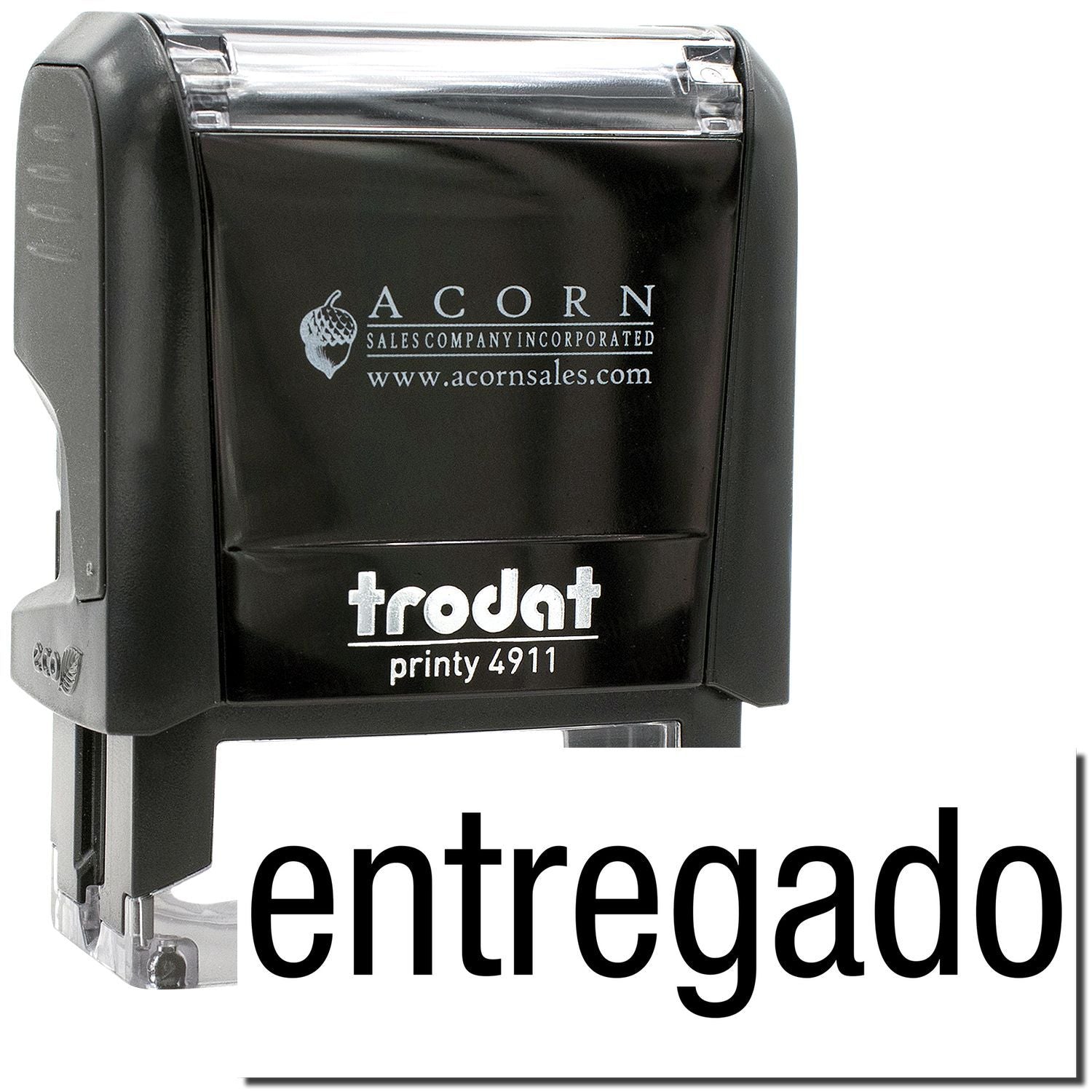 Trodat Printy 4911 self-inking delivered stamp, black Acorn Sales stamp on white background.