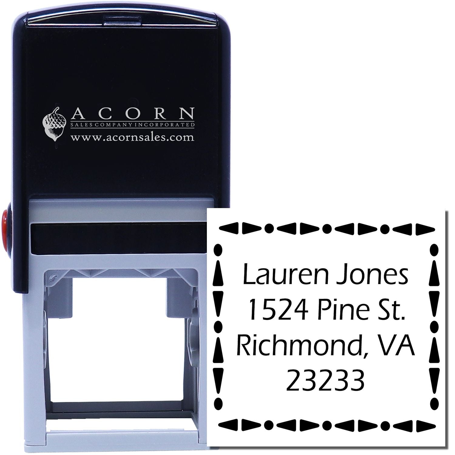 Custom self-inking address stamp with decorative border, personalized return address for Lauren Jones, Richmond VA.