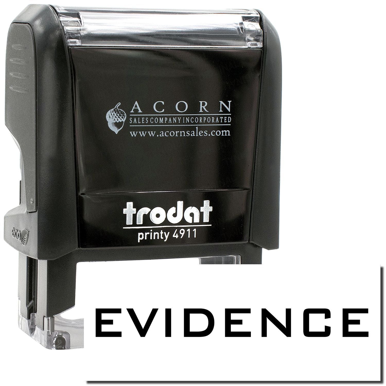 Black Trodat Printy 4911 self-inking evidence stamp with Acorn Sales branding