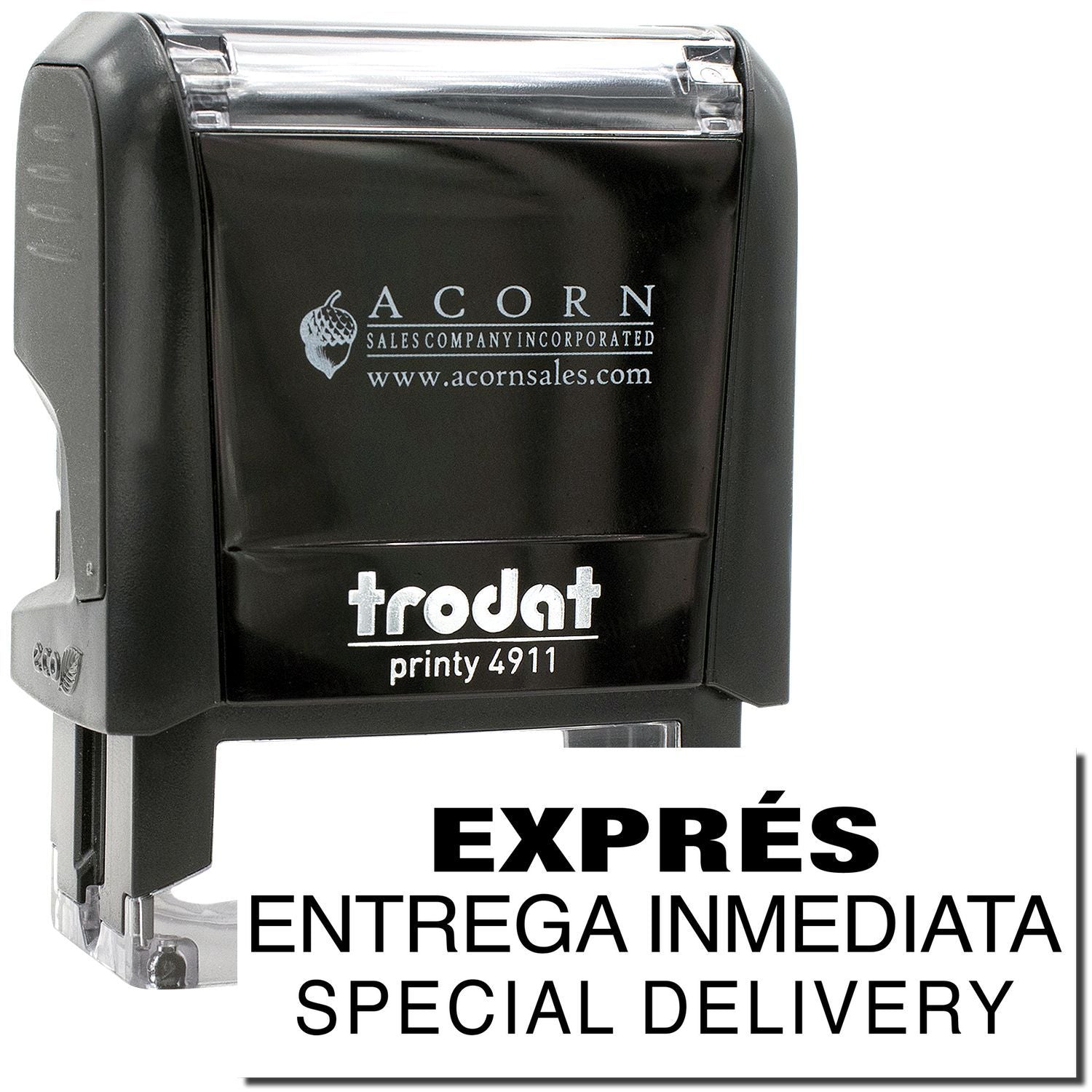 Black Trodat Printy 4911 self-inking stamp with Acorn Sales logo and Special Delivery text for express delivery labeling