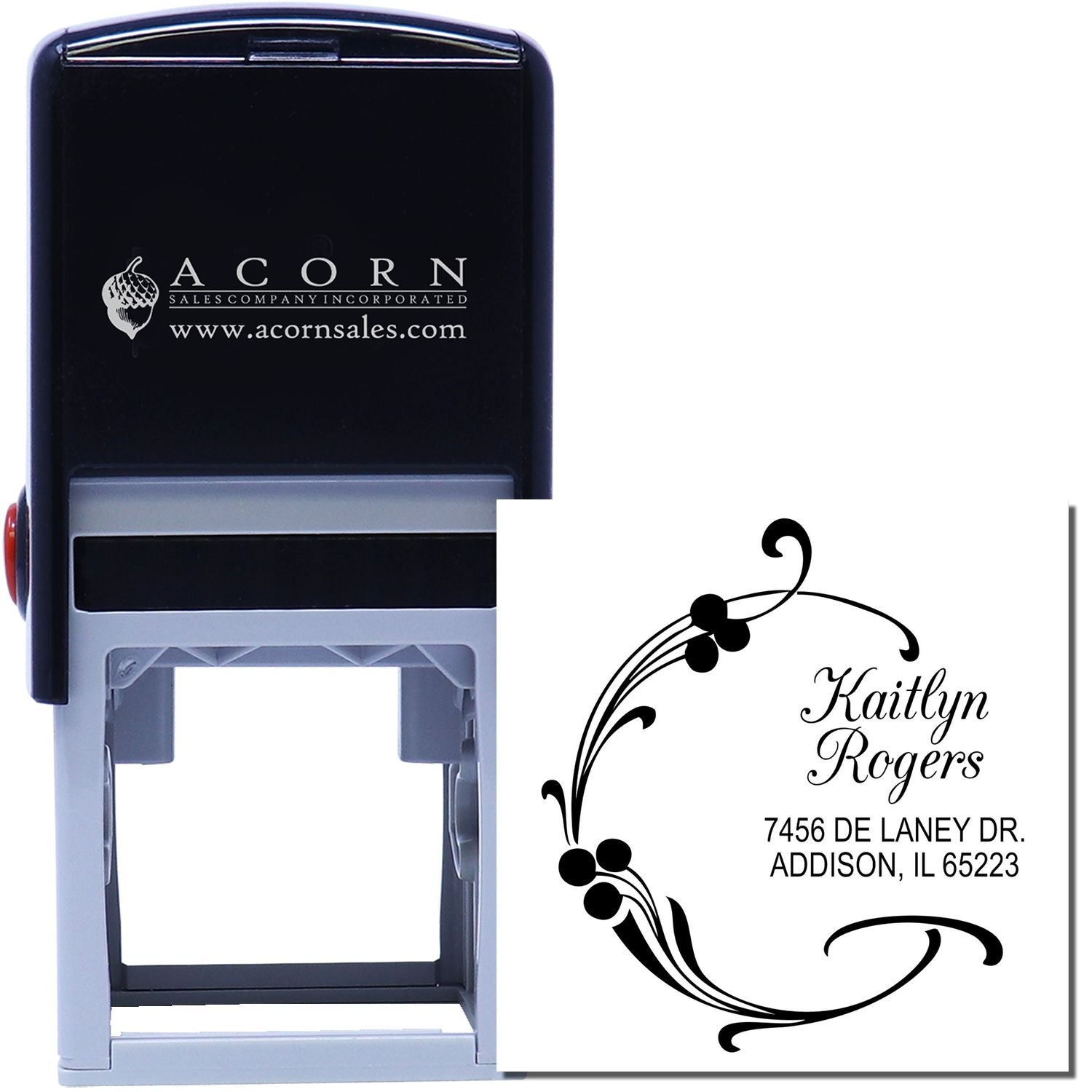 Custom self-inking address rubber stamp with floral monogram design, personalized name, and mailing address.