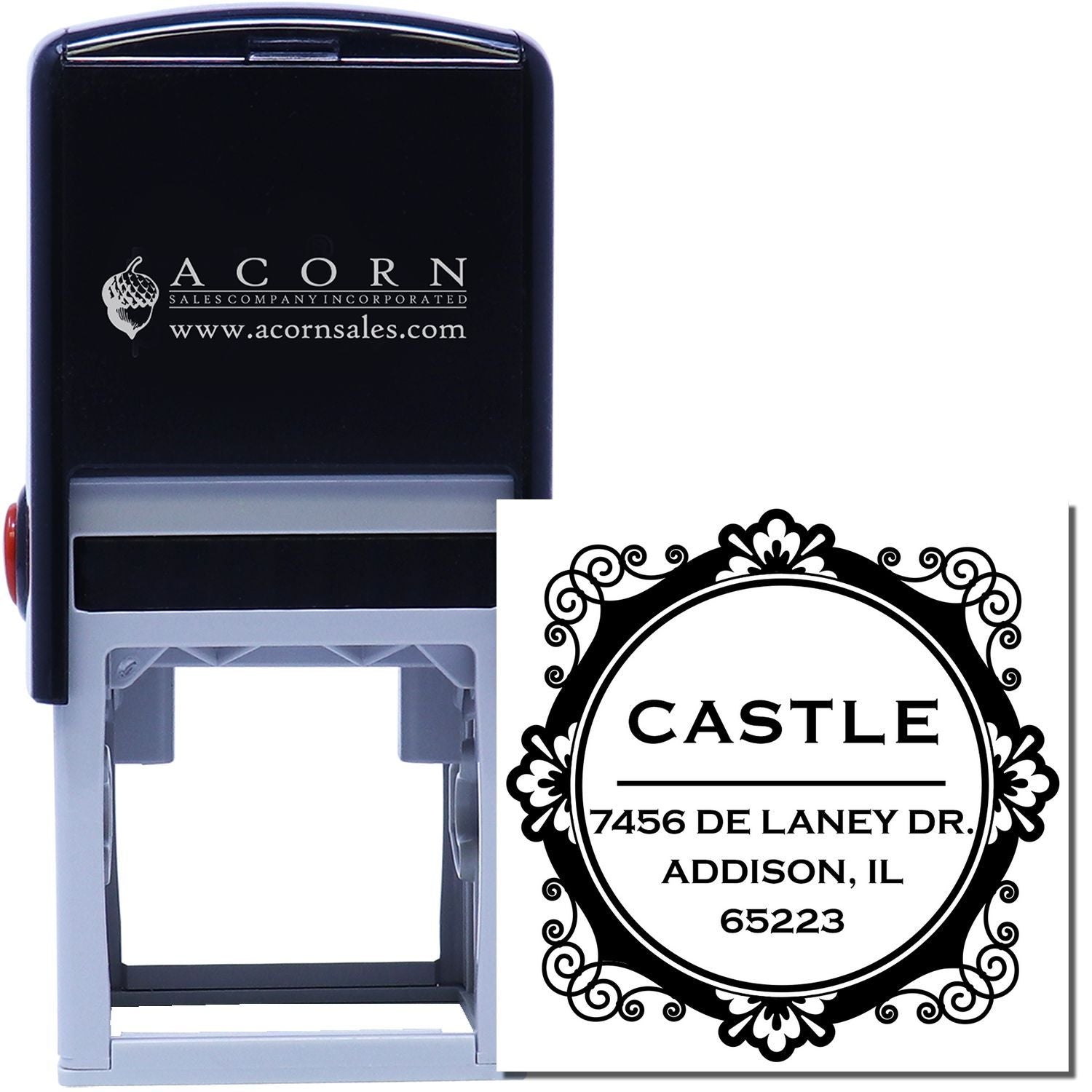 Custom self-inking address rubber stamp with ornate floral border and Castle return address design.