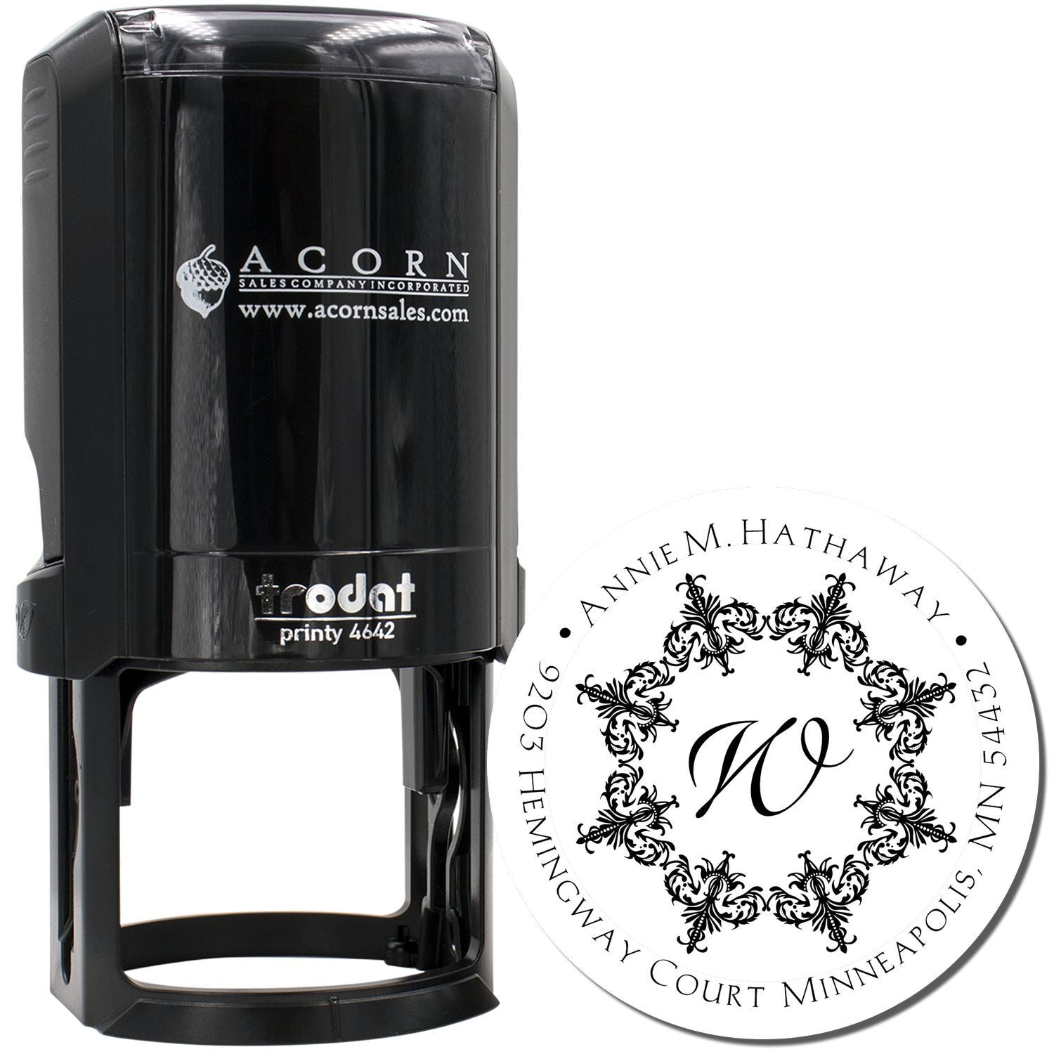 Personalized self-inking rubber return address stamp with monogram design, shown with Trodat Printy 4642 case.