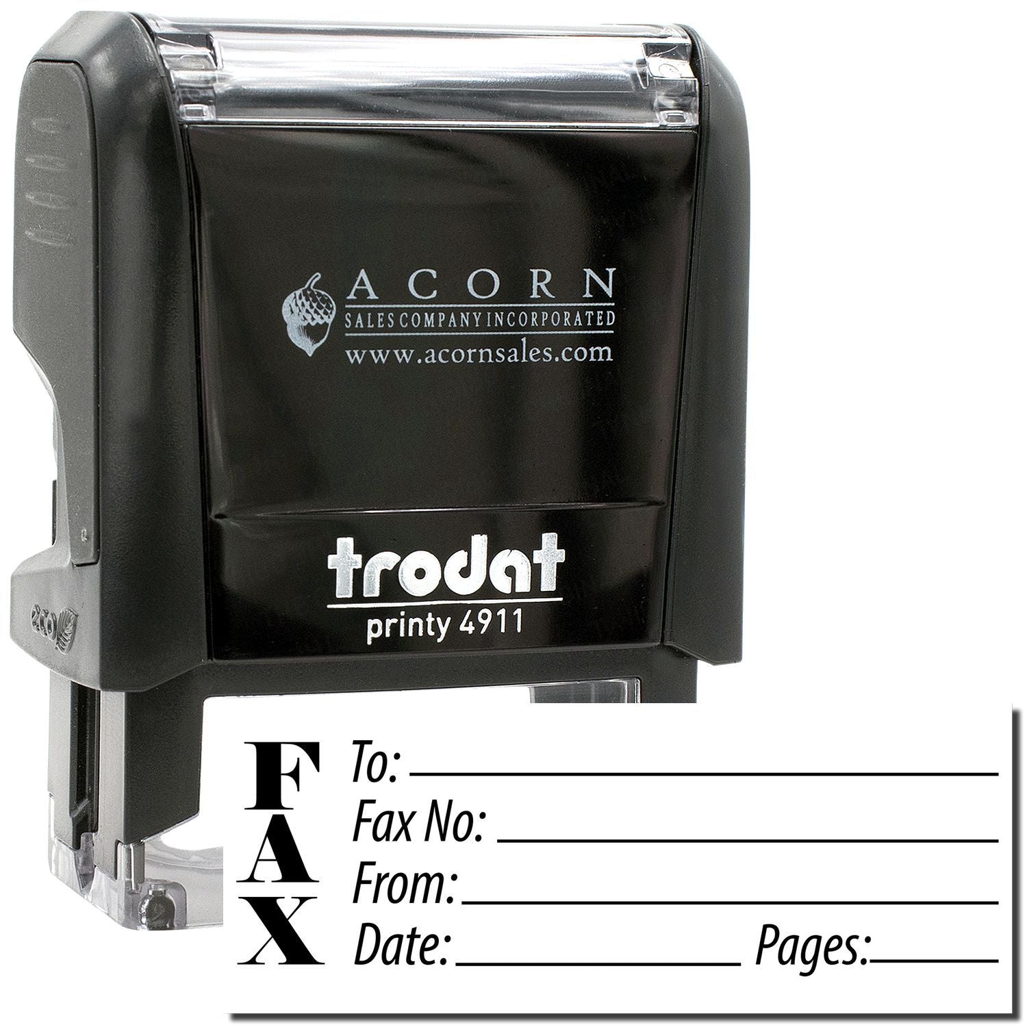 Black Trodat Printy 4911 self-inking fax stamp with blank To, Fax No., From, Date, and Pages fields for office use